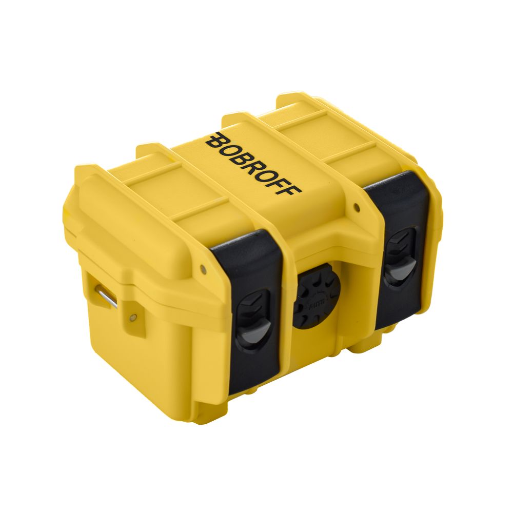 Yellow Bobroff storage case for watches with secure latches and branded logo on top.