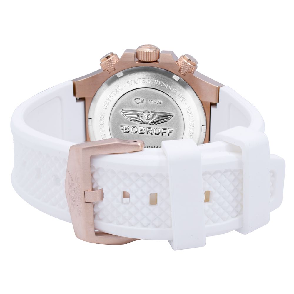 Back view of Bobroff White Rubber Bracelet Watch with pink gold steel case and white rubber strap.