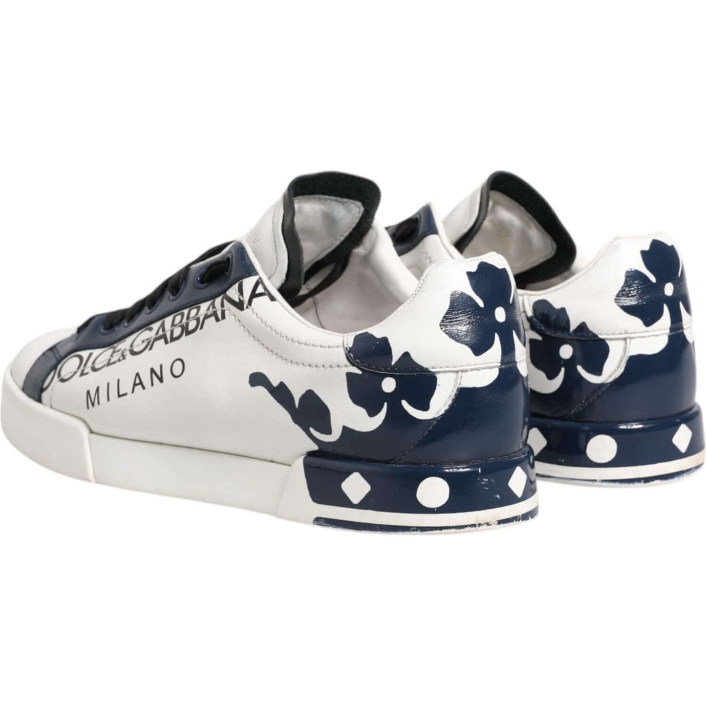 Dolce & Gabbana White Blue Leather Crown Milano Sneakers with logo details and rubber sole, showing classic lacing and craftsmanship.