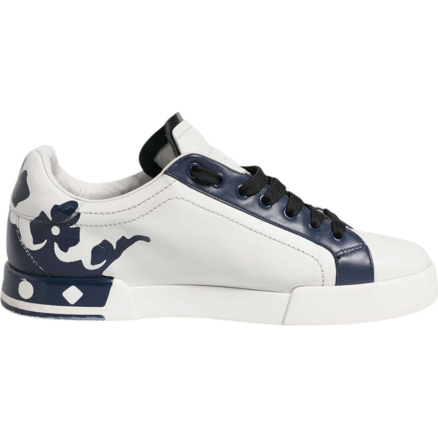 Dolce & Gabbana white blue leather sneakers with crown details, low-top design, rubber sole, preowned, luxury footwear, side view.