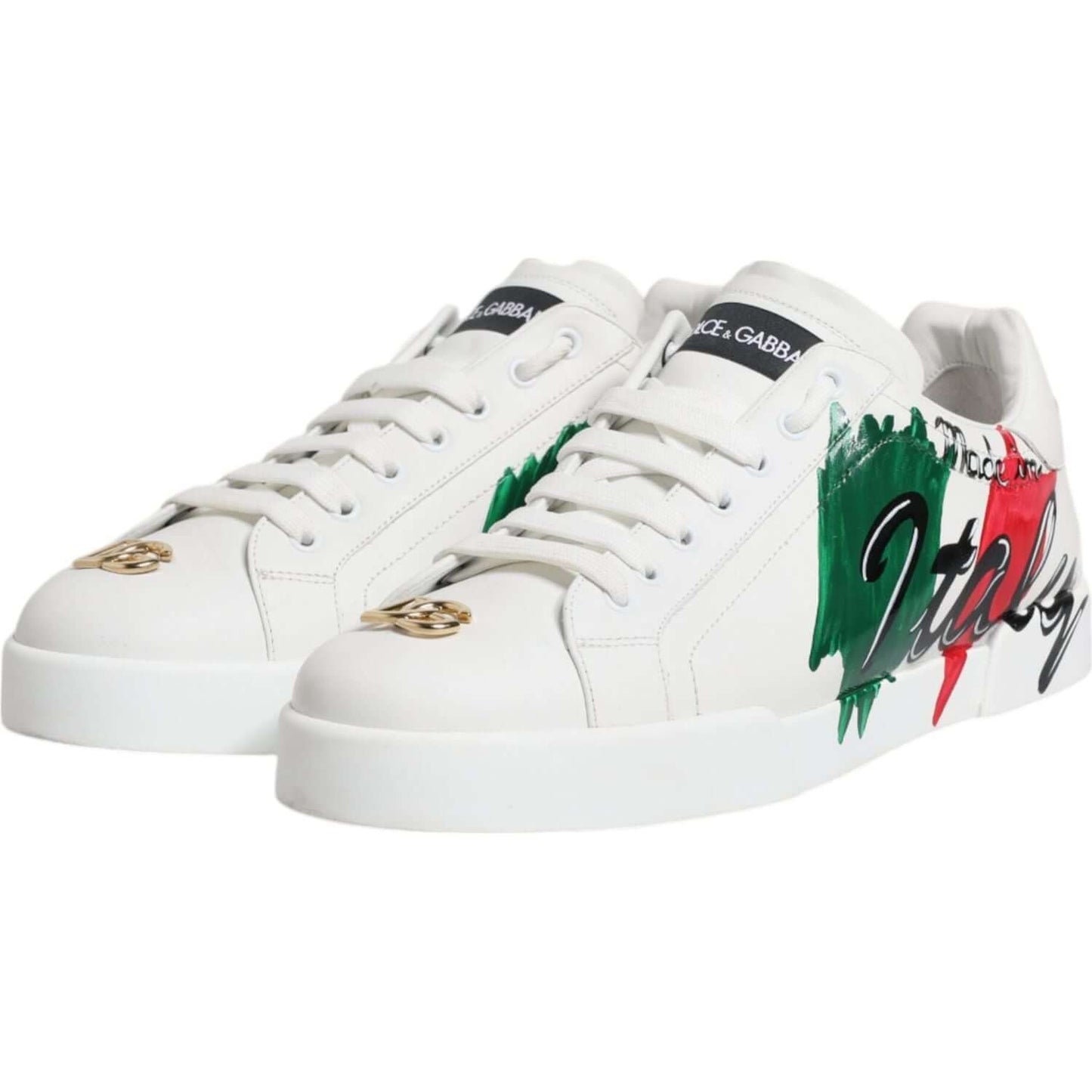 Dolce & Gabbana Portofino white sneakers with Italy print, green and red accents, lace-up closure, and logo details