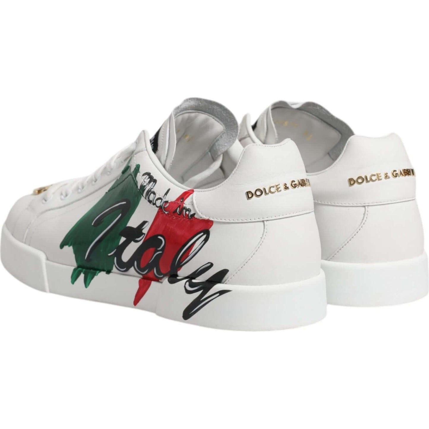 Dolce & Gabbana White Portofino sneakers with 'Made in Italy' print and logo details, crafted from calf leather, preowned.
