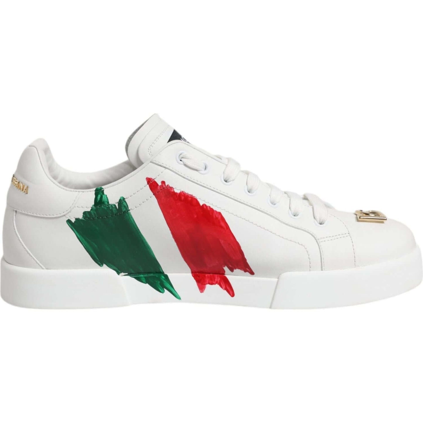 Dolce & Gabbana Portofino white sneakers with Italian flag print, calf leather, rubber sole, lace-up, pre-owned, model CS1774 AV571.