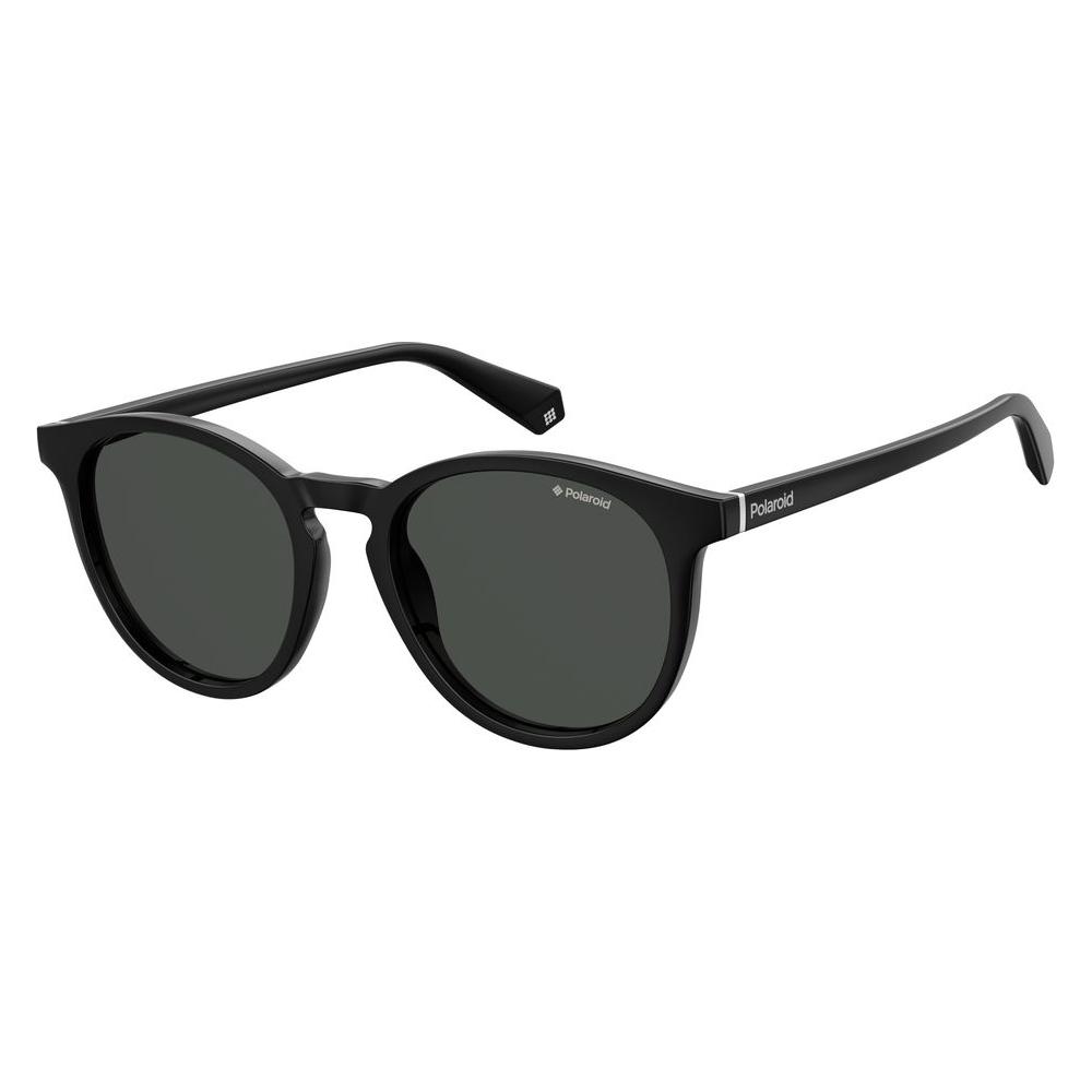 Polaroid black oval sunglasses for men and women with polycarbonate lenses, model PLD6098S807M9, featuring a sleek unisex design.