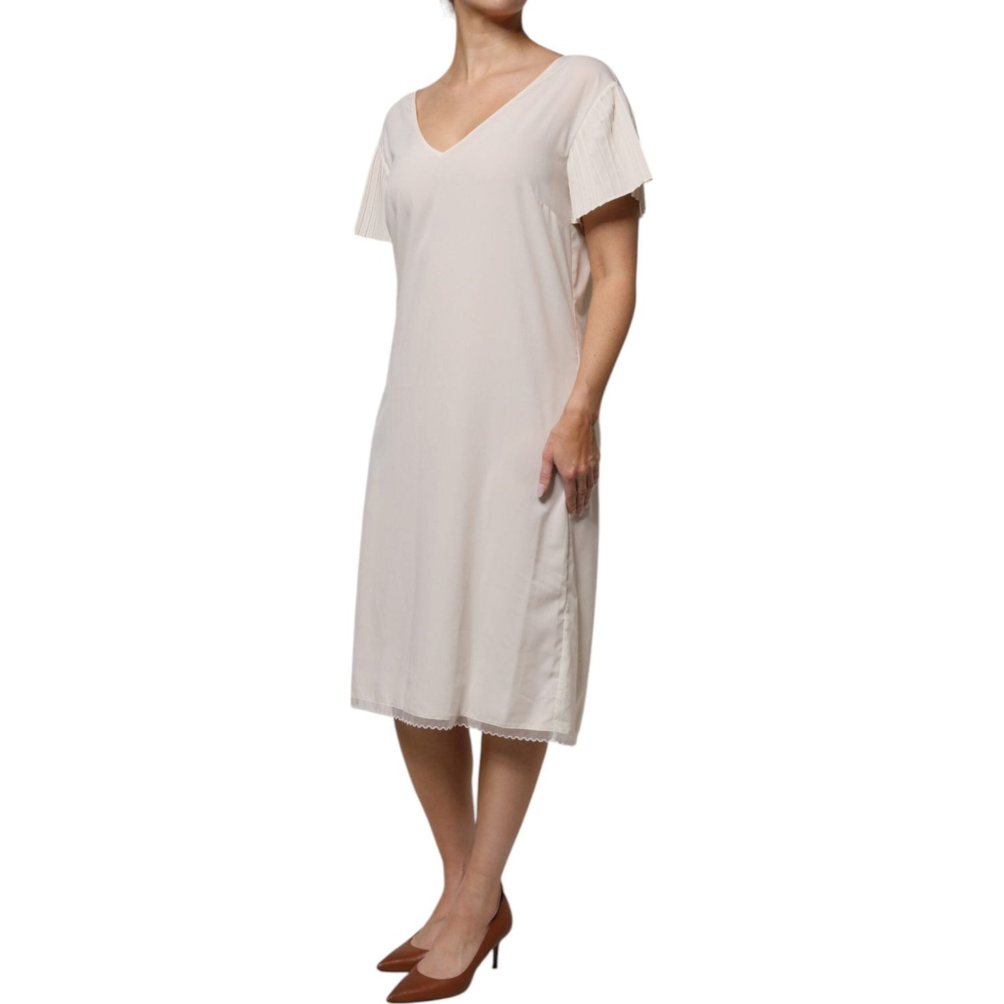 Peserico Off White Short Sleeves V-neck Shift Midi Dress DR281368-40