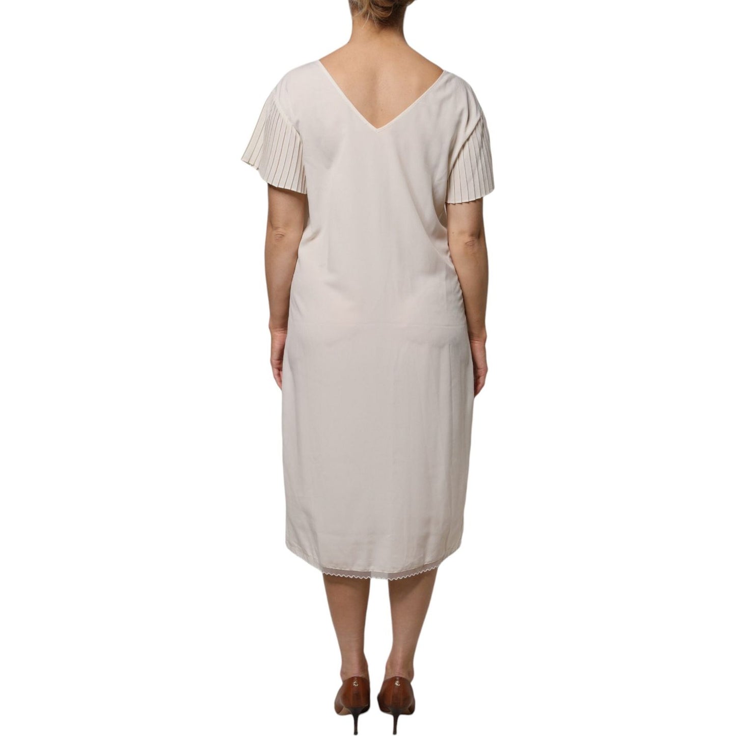 Peserico Off White Short Sleeves V-neck Shift Midi Dress DR281368-40