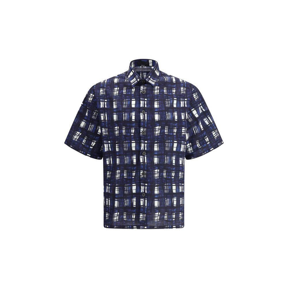 Prada Madras check pattern shirt, short-sleeve cotton with front button closure, perfect for summer elegance and versatile style.