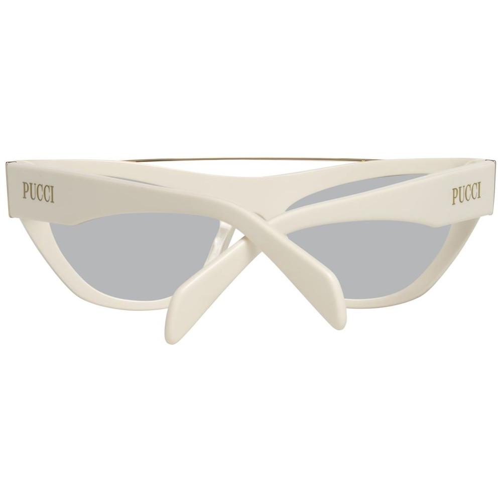 White Emilio Pucci metal sunglasses with 55mm lens, UVA/UVB protection, and stylish design for women, model EP0111-5521A.