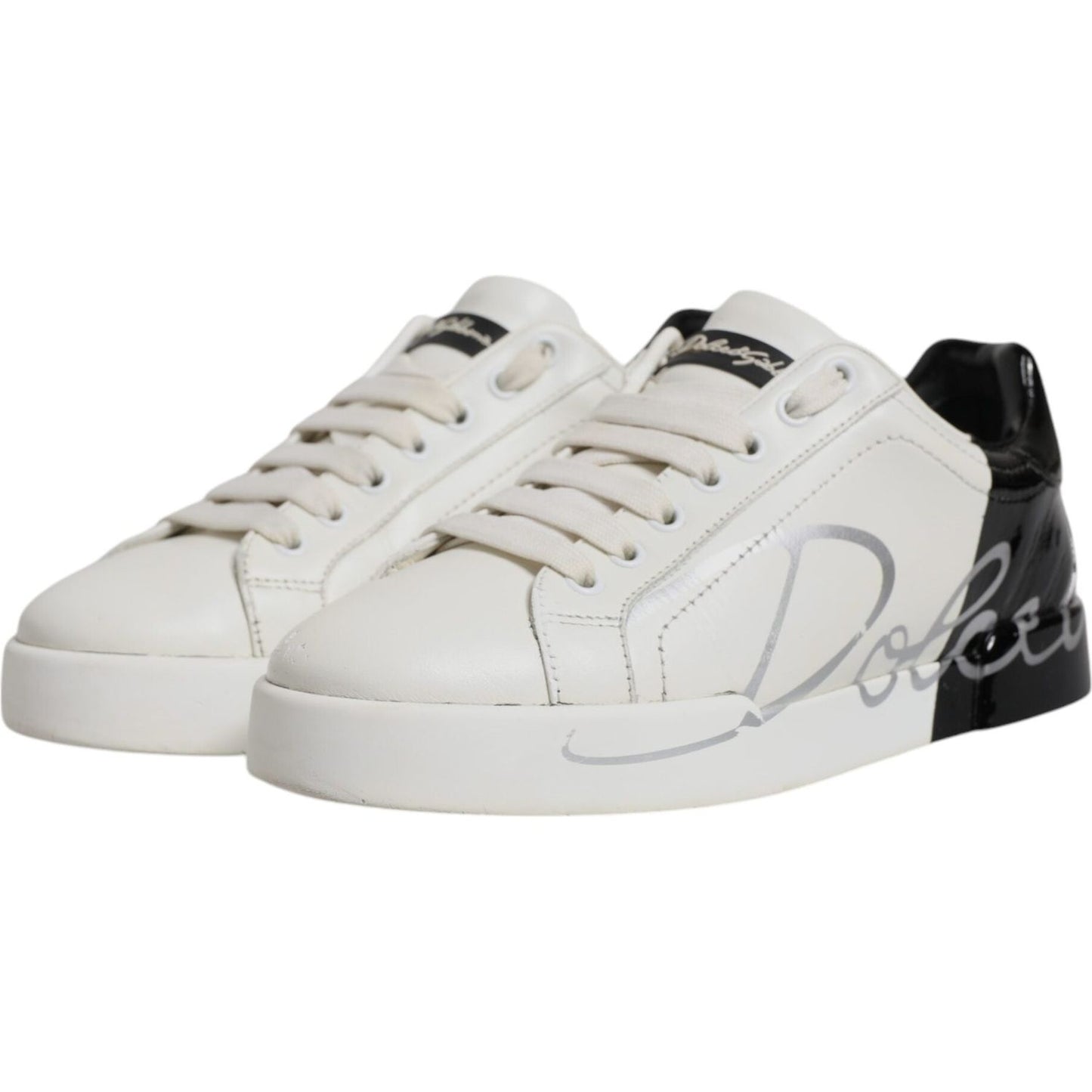 Dolce & Gabbana Portofino men's sneakers, white and black leather with logo, lace-up, round toe, rubber soles, made in Italy.