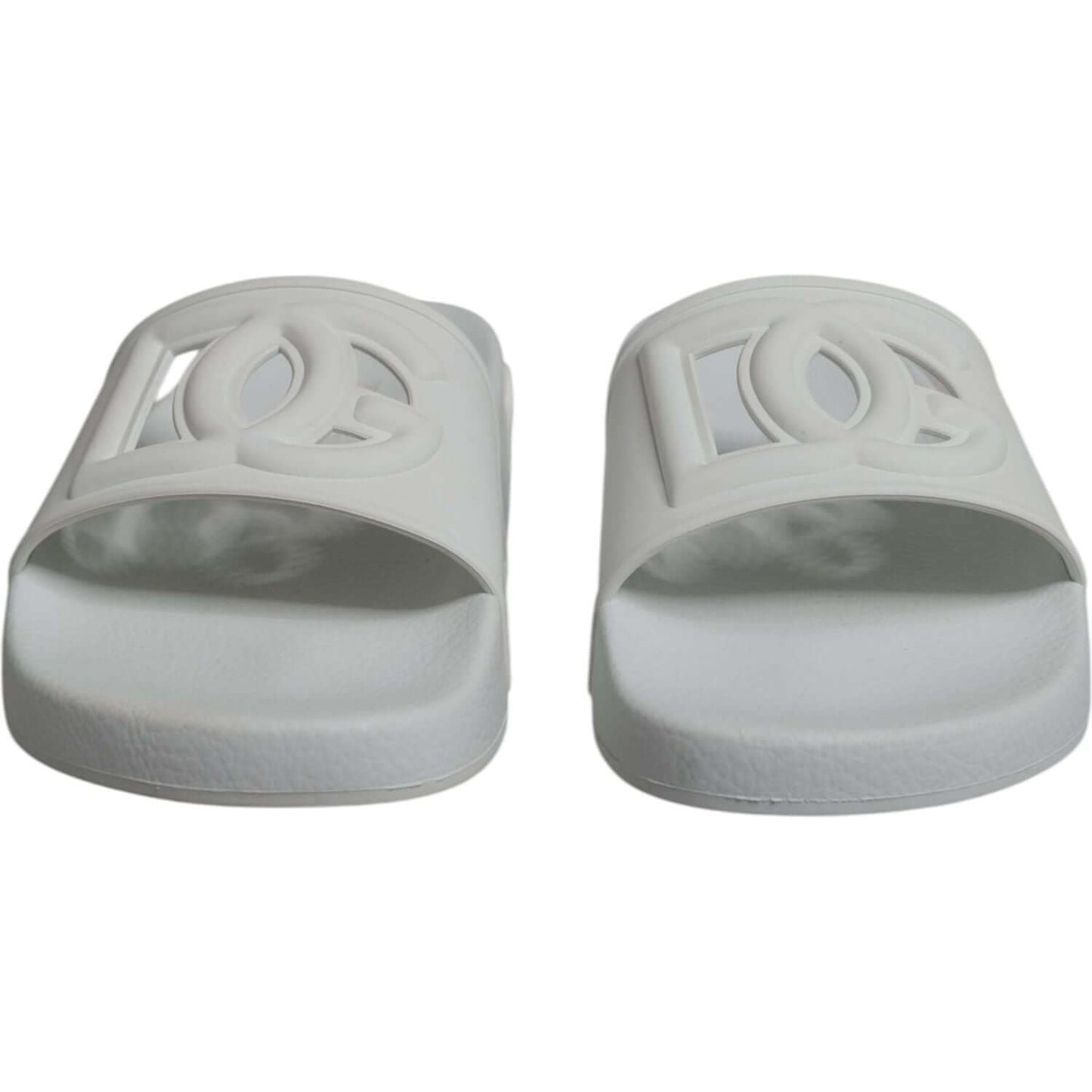 Dolce & Gabbana white rubber slides sandals, luxury beachwear footwear, logo detailing, made in Italy.