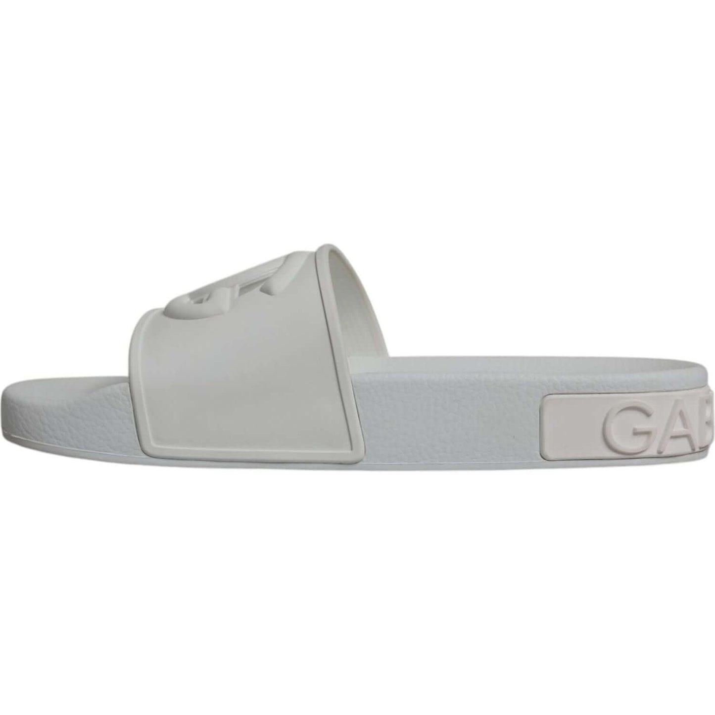 Dolce & Gabbana white rubber slide sandals with logo detail, perfect for beachwear. High-quality craftsmanship made in Italy.