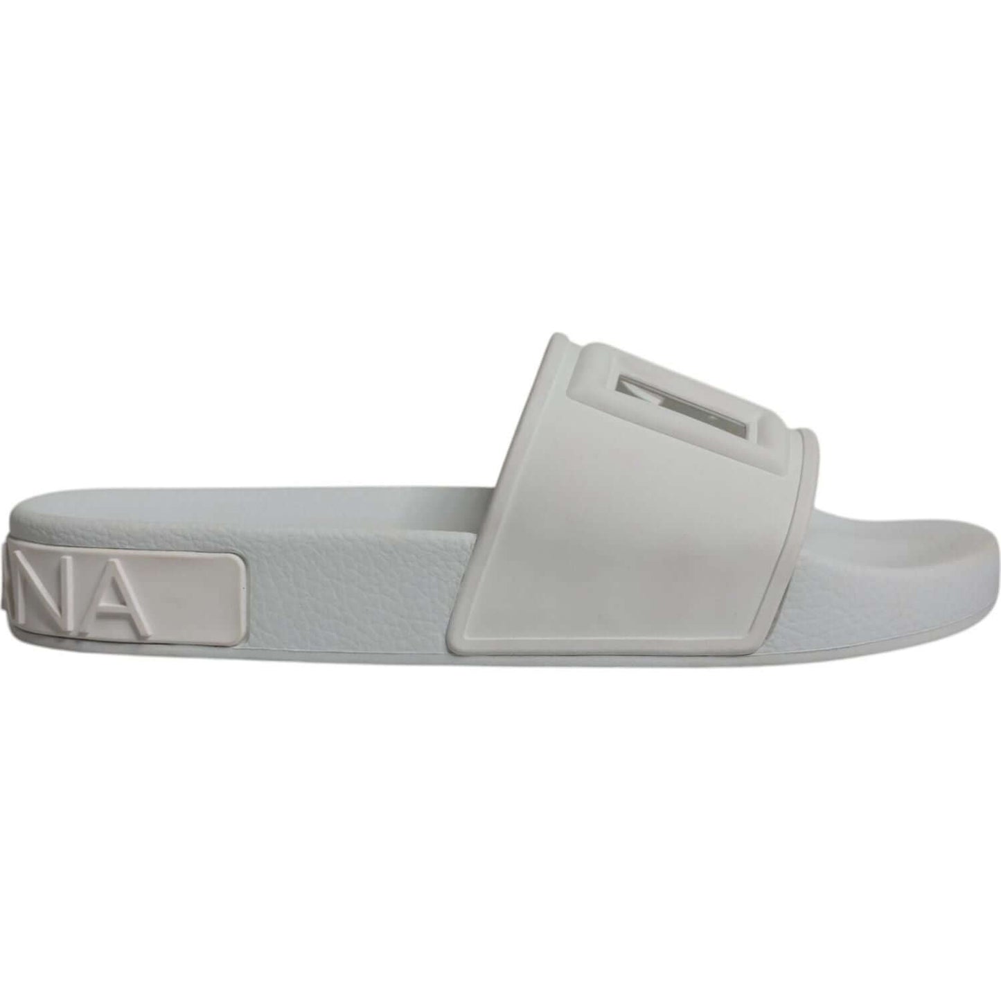 Dolce & Gabbana white rubber slide sandals with logo detail, slip-on design, perfect for beachwear, made in Italy.