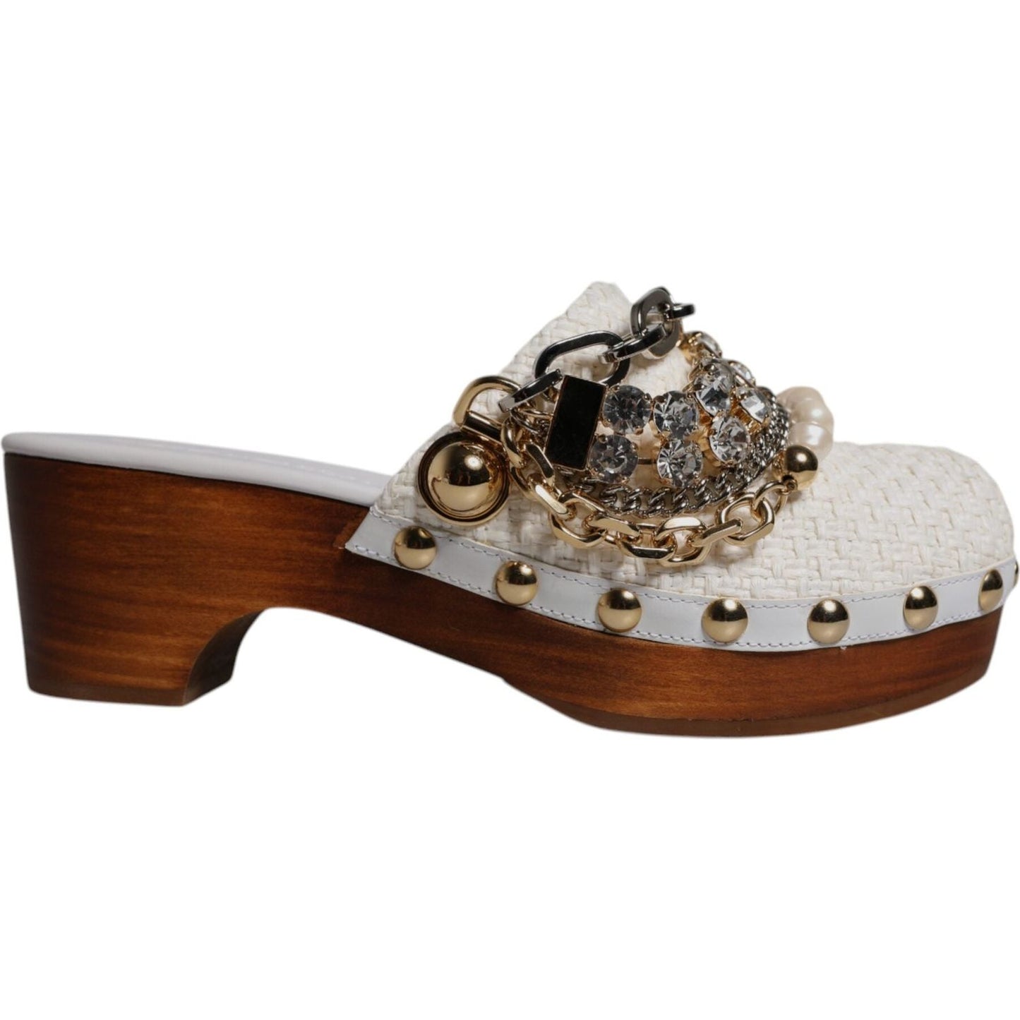 Dolce & Gabbana White Raffia Clogs Bejeweled Chain Sandals Shoes LA12502-35.5