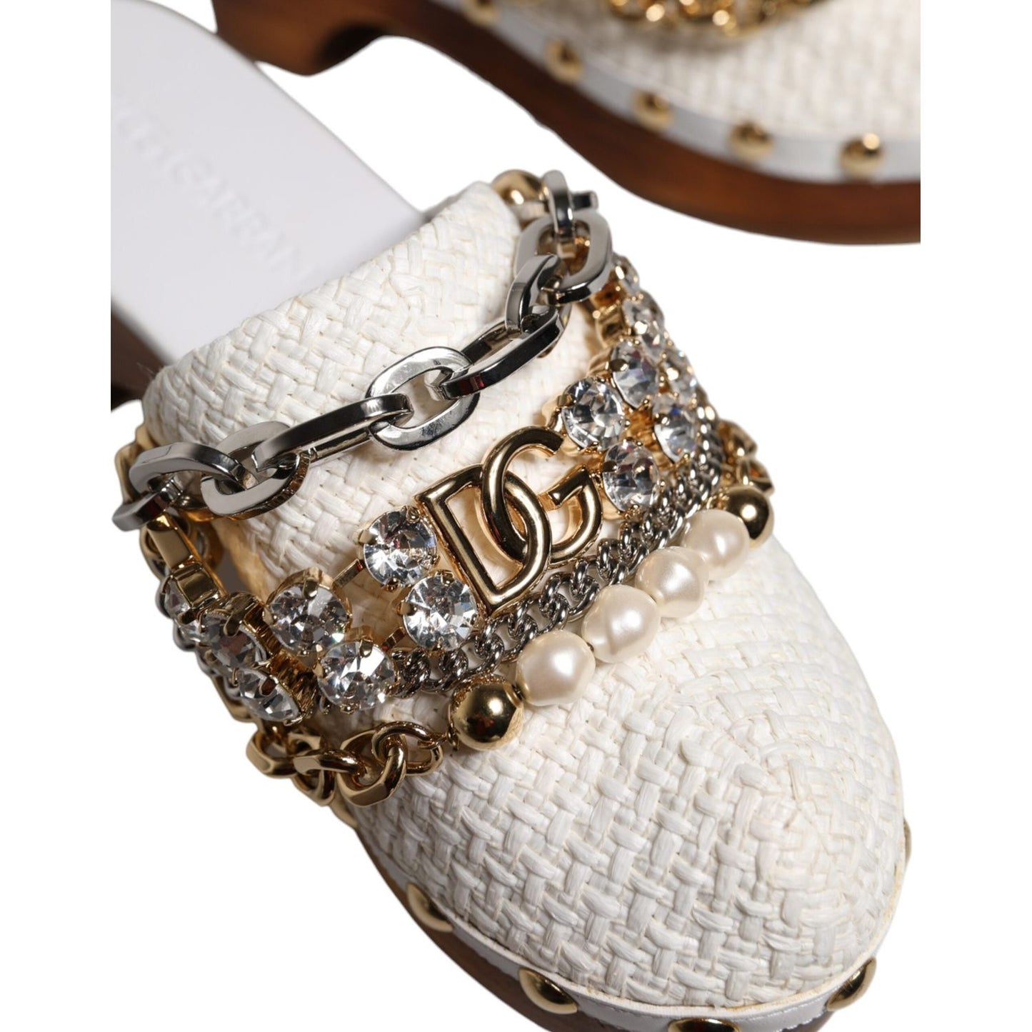 Dolce & Gabbana White Raffia Clogs Bejeweled Chain Sandals Shoes LA12502-35.5