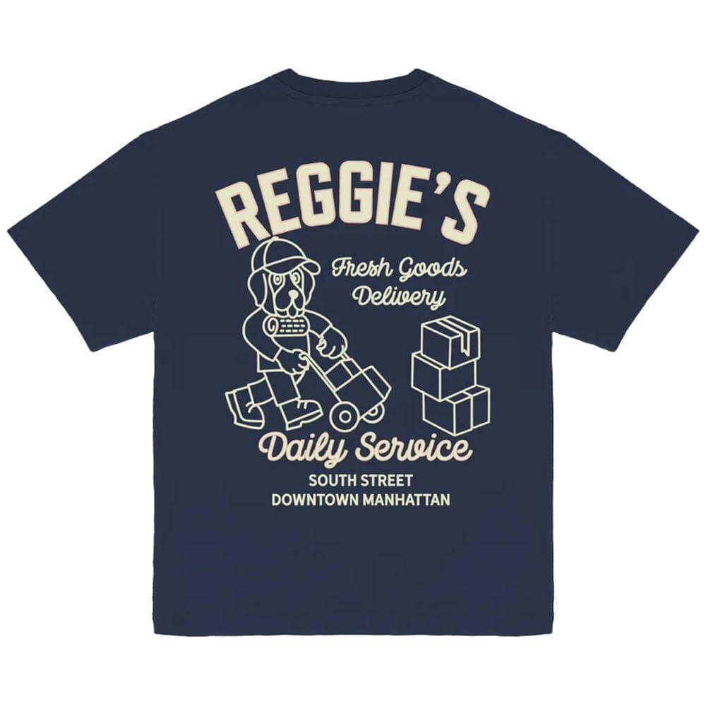 Refrigiwear blue cotton crewneck t-shirt with graphic print, featuring delivery theme and text "Reggie's Fresh Goods Delivery."