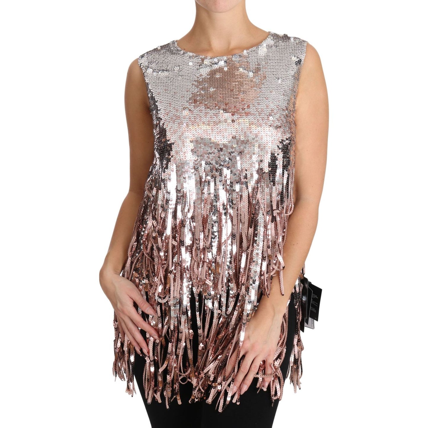 Dolce & Gabbana Golden Pink Sequined Fringe Tank Top DR1574-48