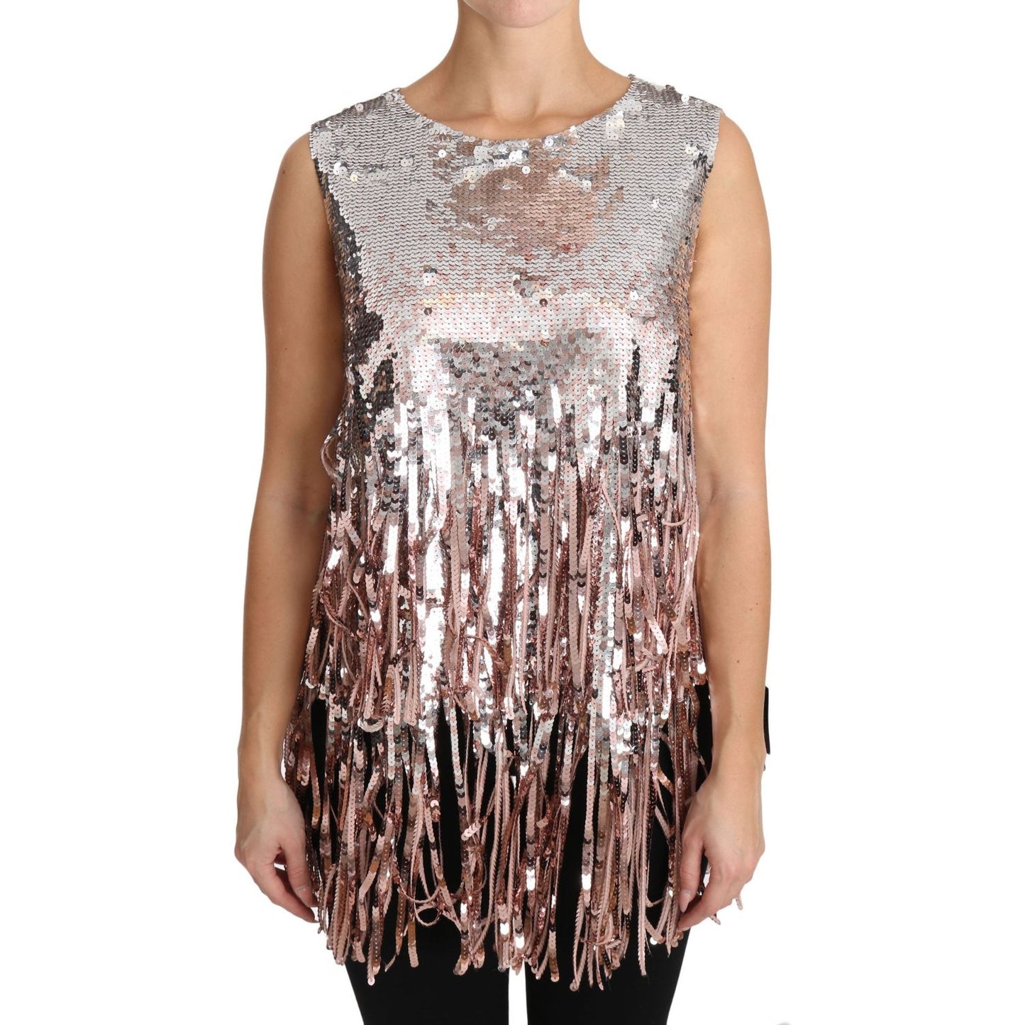 Dolce & Gabbana Golden Pink Sequined Fringe Tank Top DR1574-48