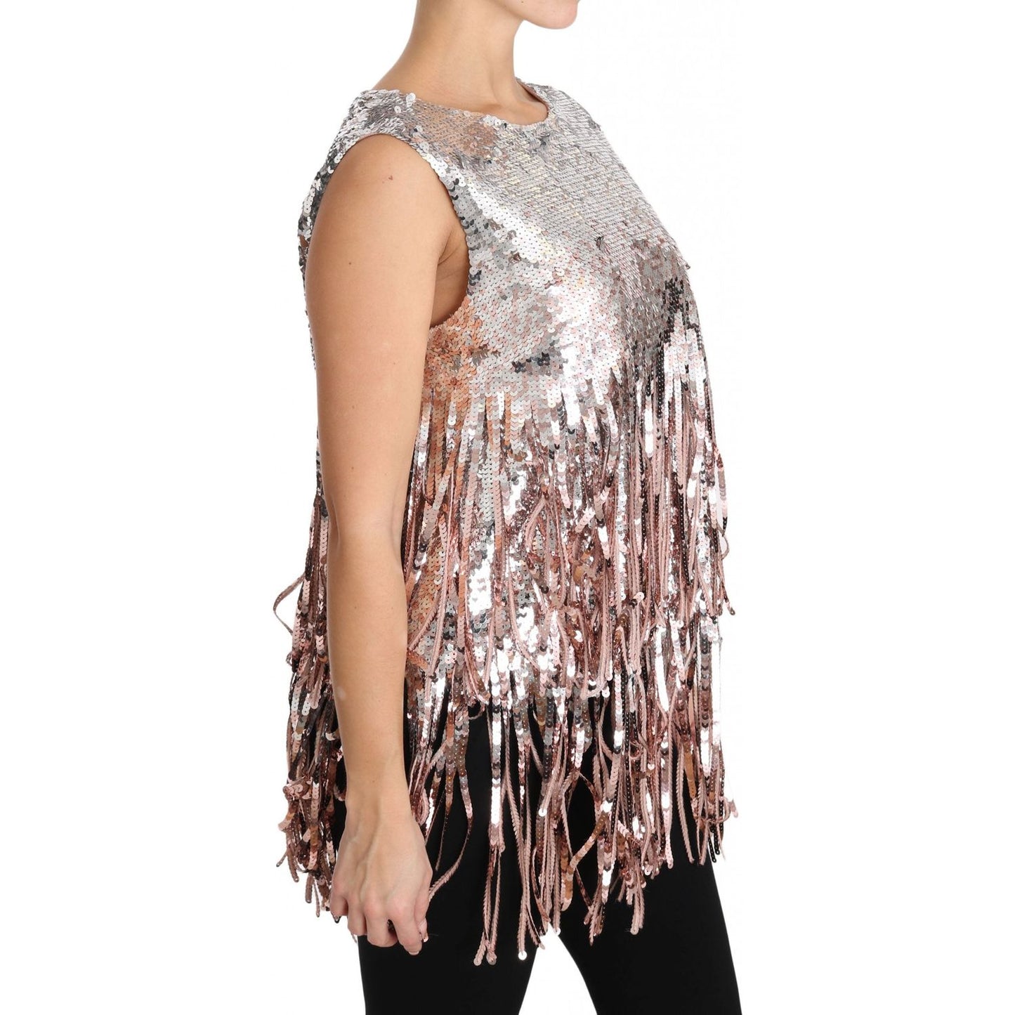 Dolce & Gabbana Golden Pink Sequined Fringe Tank Top DR1574-48