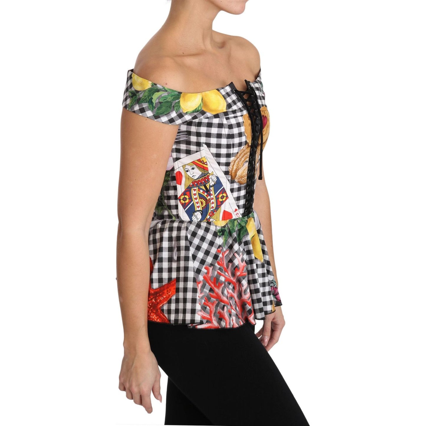 Dolce & Gabbana Black and White Corset Blouse Sicily Lemon Check Top TSH3084-36