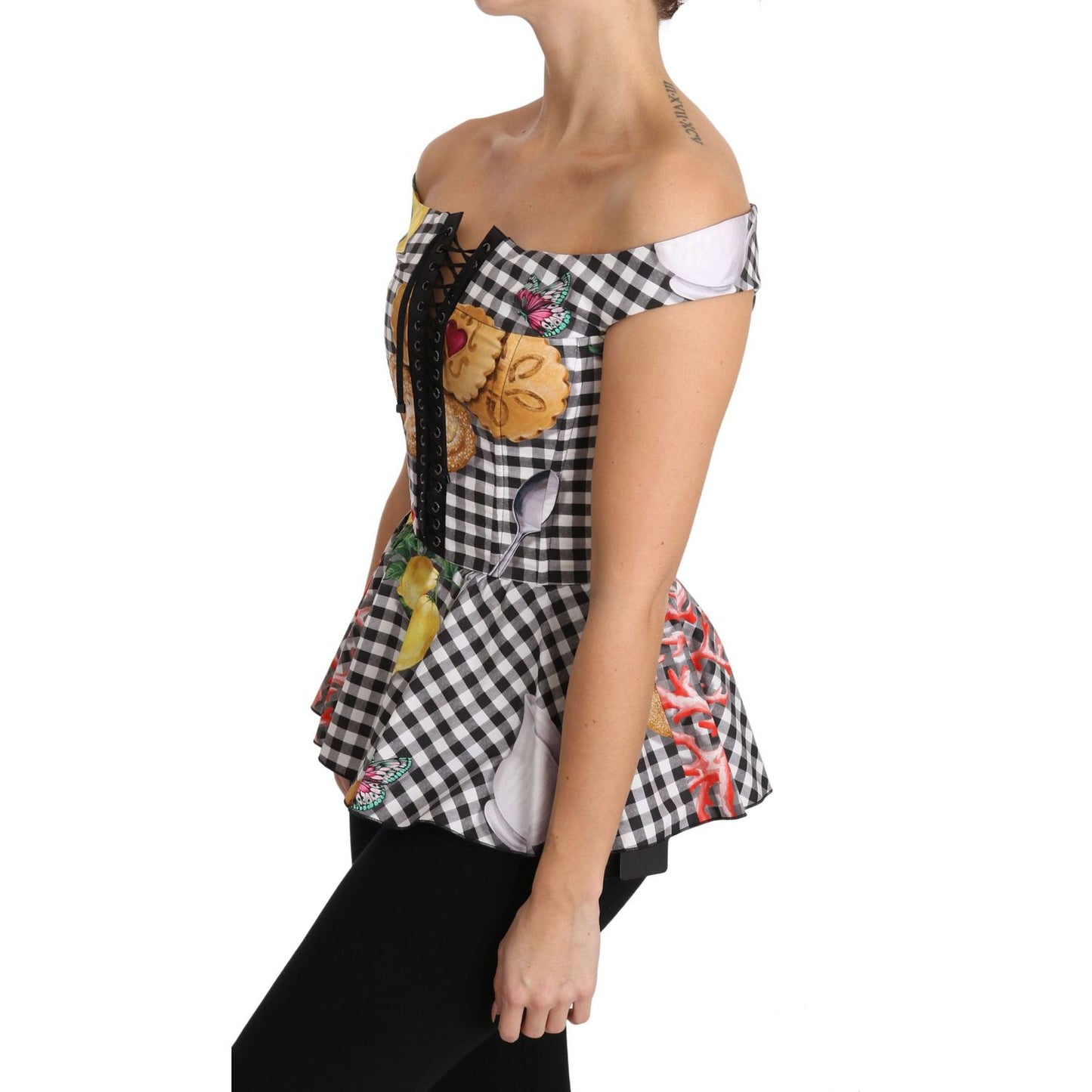 Dolce & Gabbana Black and White Corset Blouse Sicily Lemon Check Top TSH3084-36