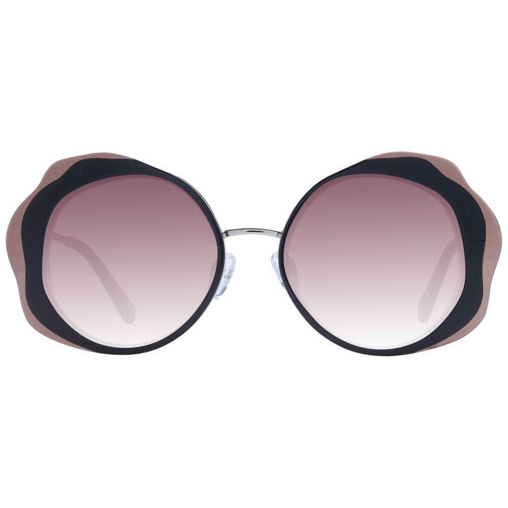 Ted Baker black round acetate sunglasses with burgundy gradient lenses, full-rim frame, 100% UVA/UVB protection, includes case.