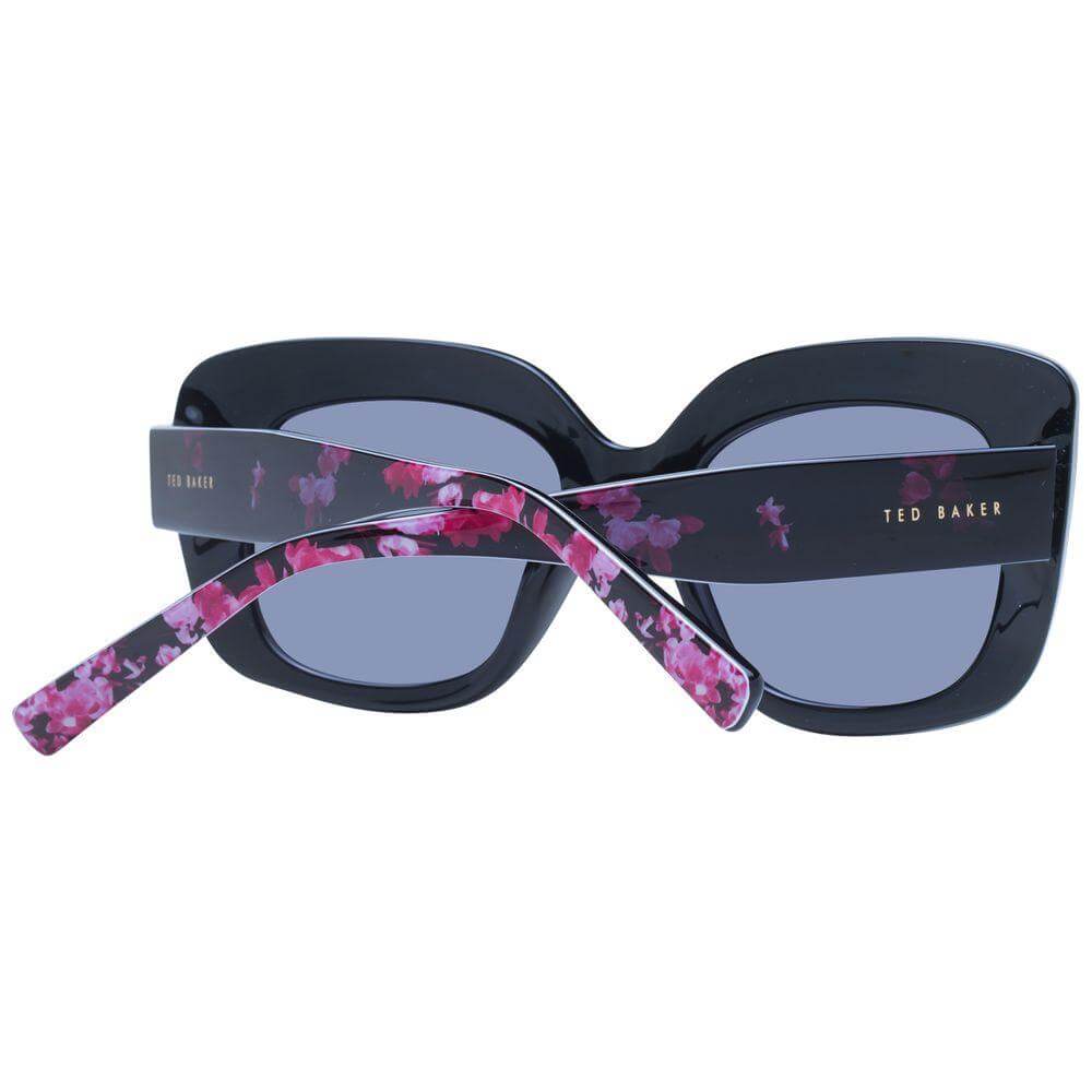Ted Baker black acetate women's square sunglasses with grey lenses, floral detail, full-rim frame, UVA & UVB protection.