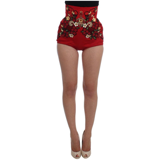 Dolce & Gabbana Red Silk Crystal Roses Shorts