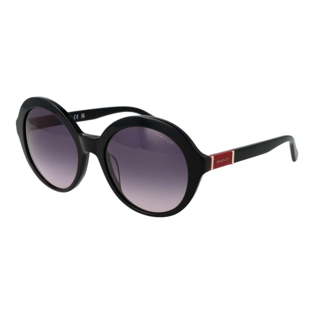 Gant black women's sunglasses with round acetate frame, gradient purple lenses, full-rim style, 100% UVA & UVB protection, branded case.