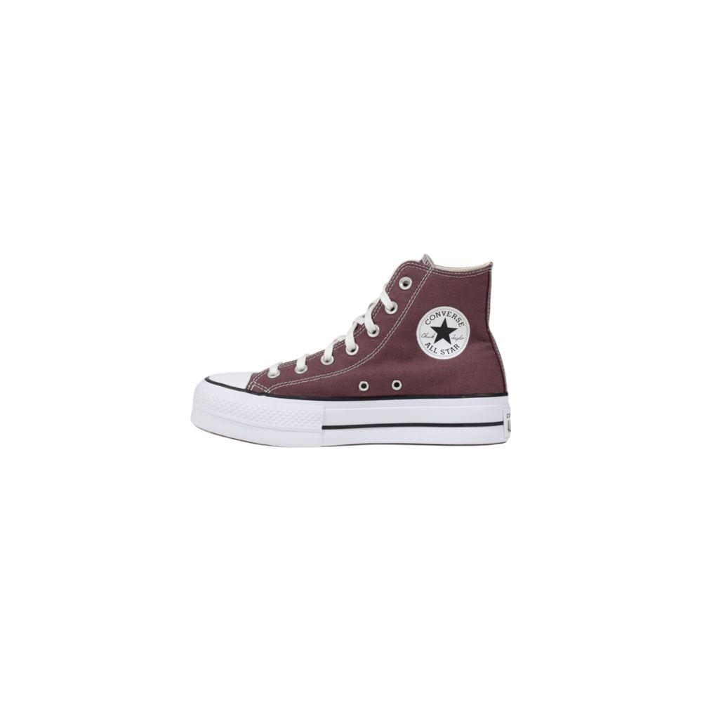 Converse purple fabric sneaker with lifted sole, women's Chuck Taylor All Star, side view.