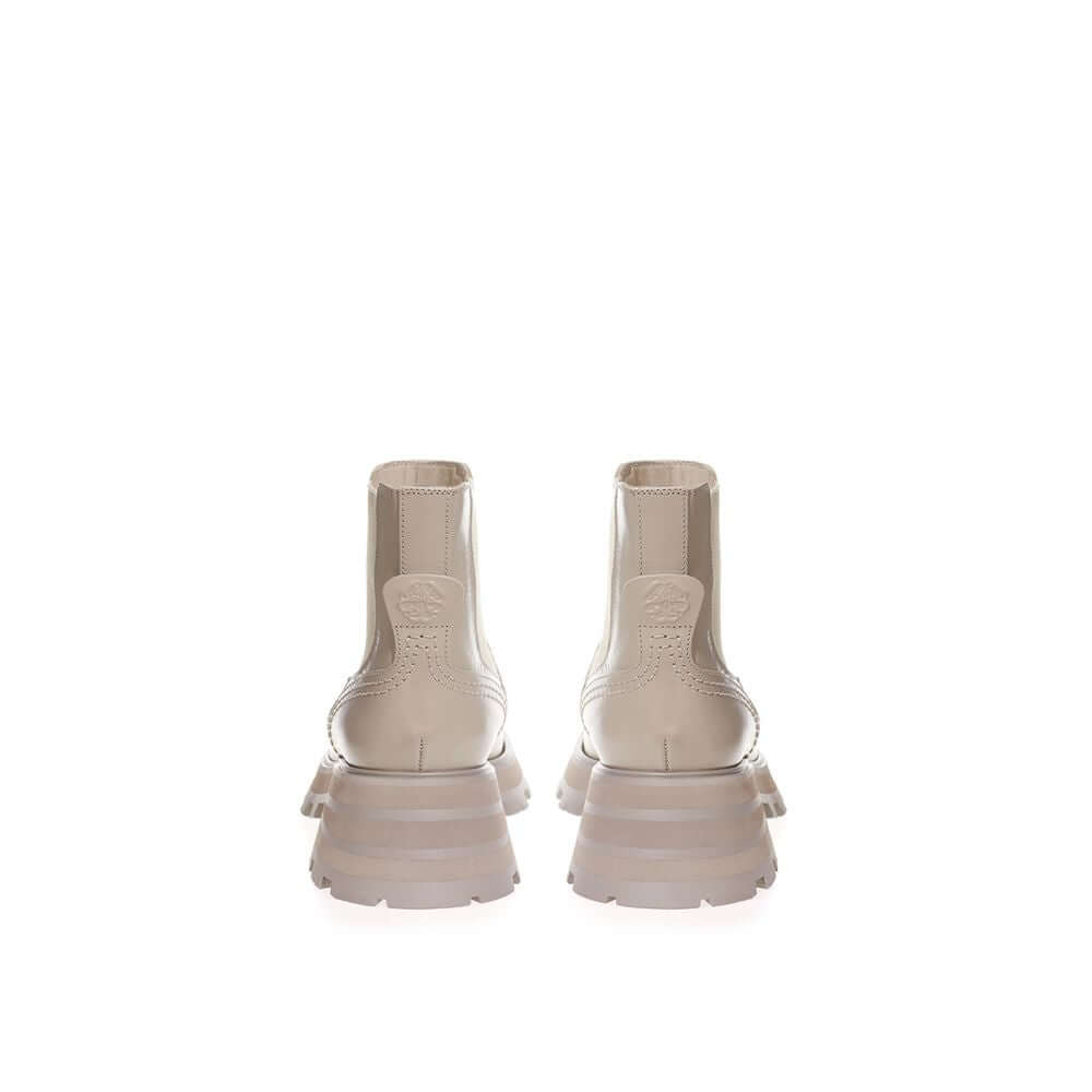 Back view of Alexander McQueen chic gray leather boots with chunky sole, showcasing elegant modern design.