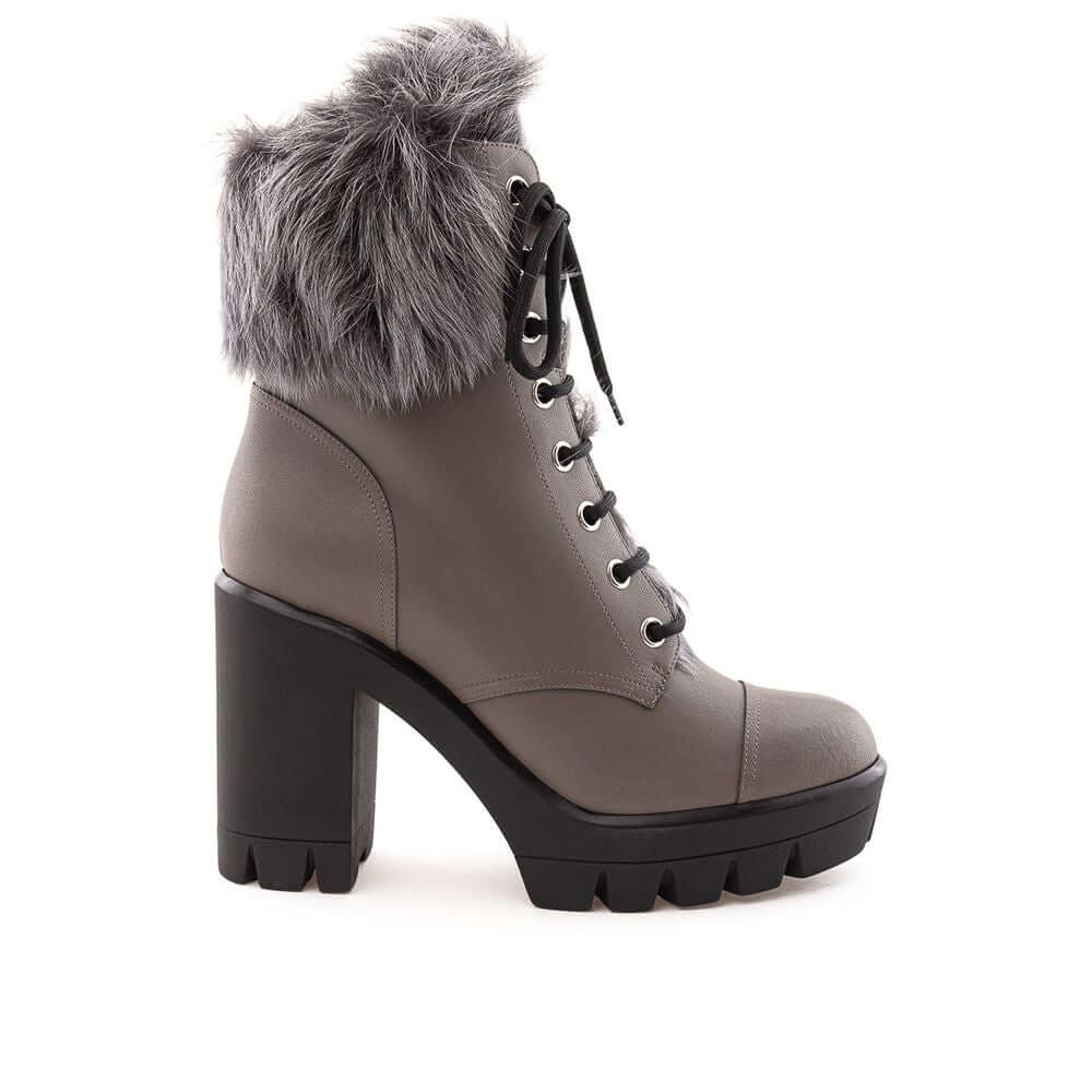 Giuseppe Zanotti gray eco leather combat boot with inner faux fur, black notched sole, contrasting laces, and side zipper.