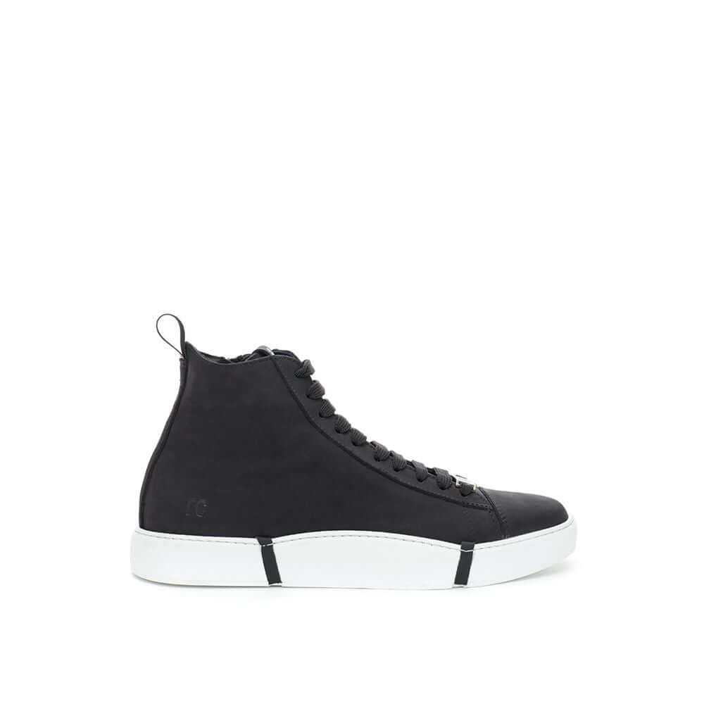 Roberto Cavalli elegant suede sneakers in chic black, luxury Italian design, side view.