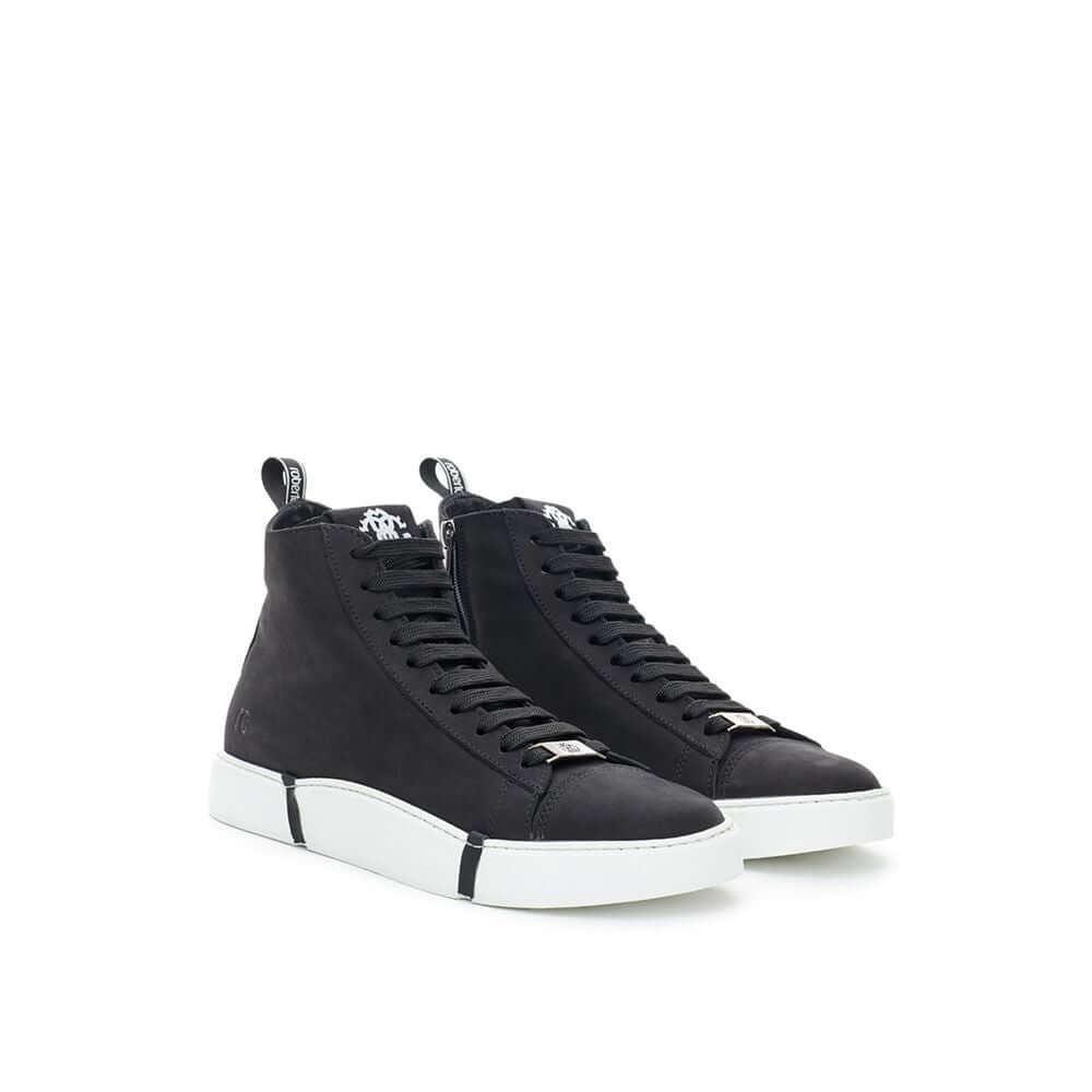 Roberto Cavalli black suede sneakers, luxury street style, Italian design, versatile high-top footwear.