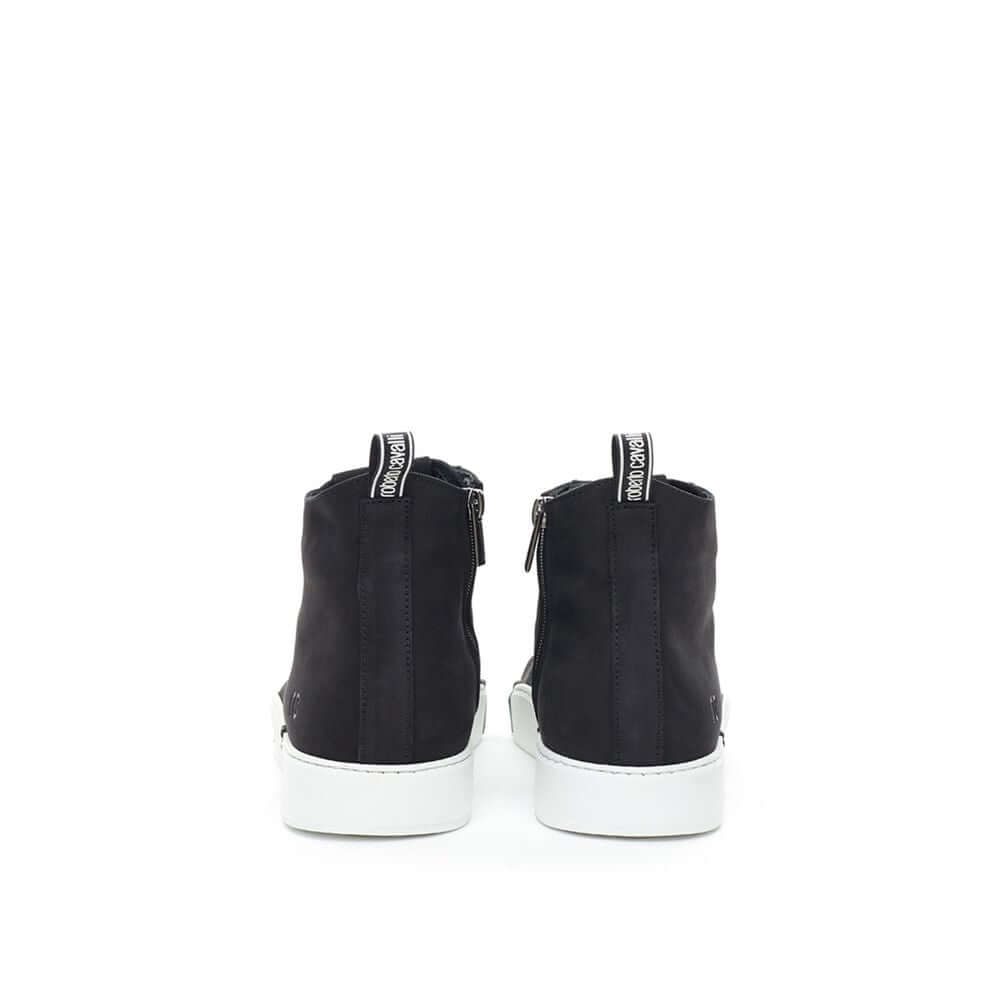 Roberto Cavalli chic black suede sneakers, rear view showcasing elegant leather scamosciata finish and sleek design.