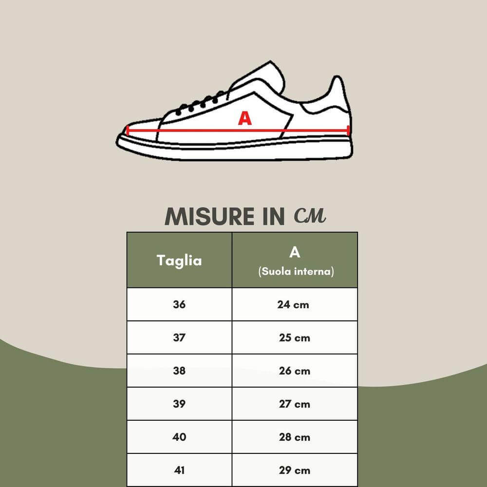 Shoe size chart showing measurements in centimeters for various sizes with sneaker illustration.