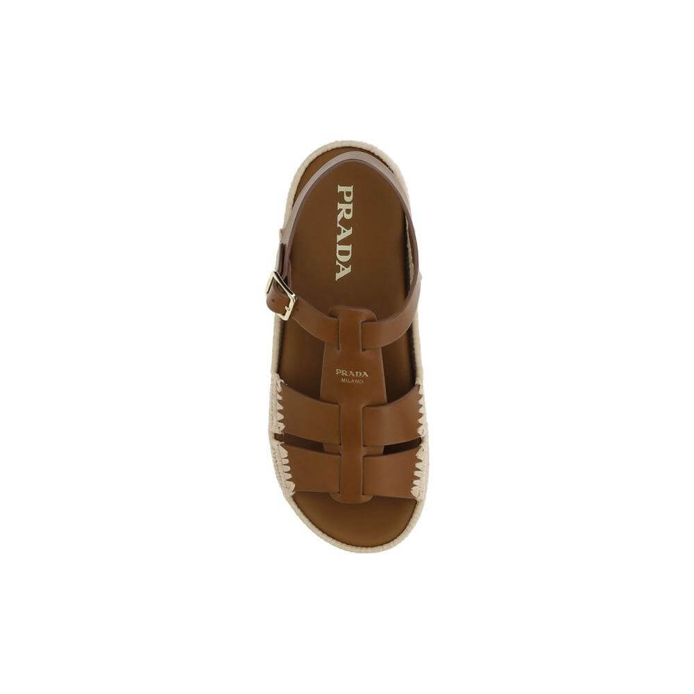 Prada leather and raffia sandal with retro silhouette, adjustable strap, and iconic branding on front, showcasing elegance and innovation.