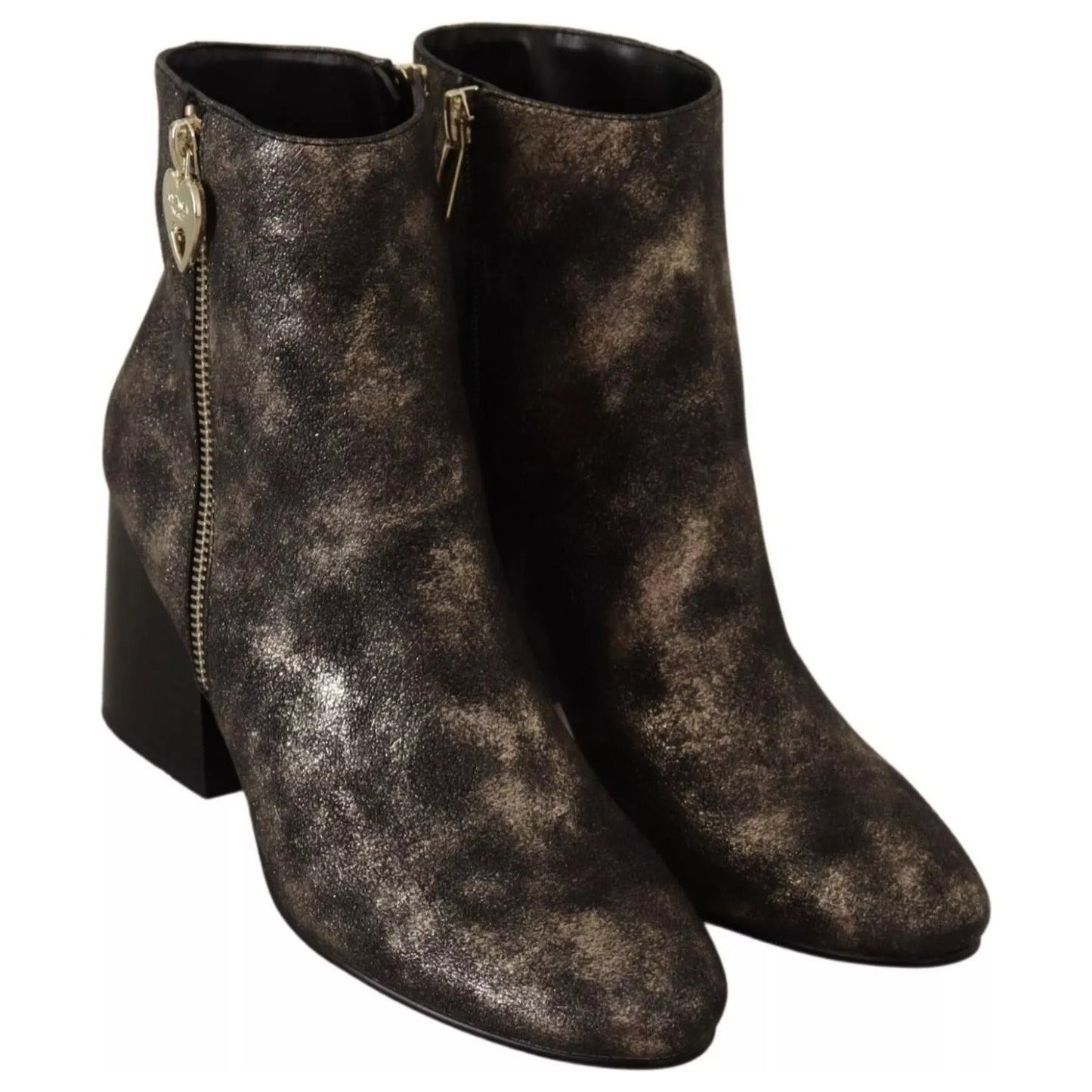 MY TWIN Black Leather Block Heels Ankle Boots Zipper Shoes LA9392-37