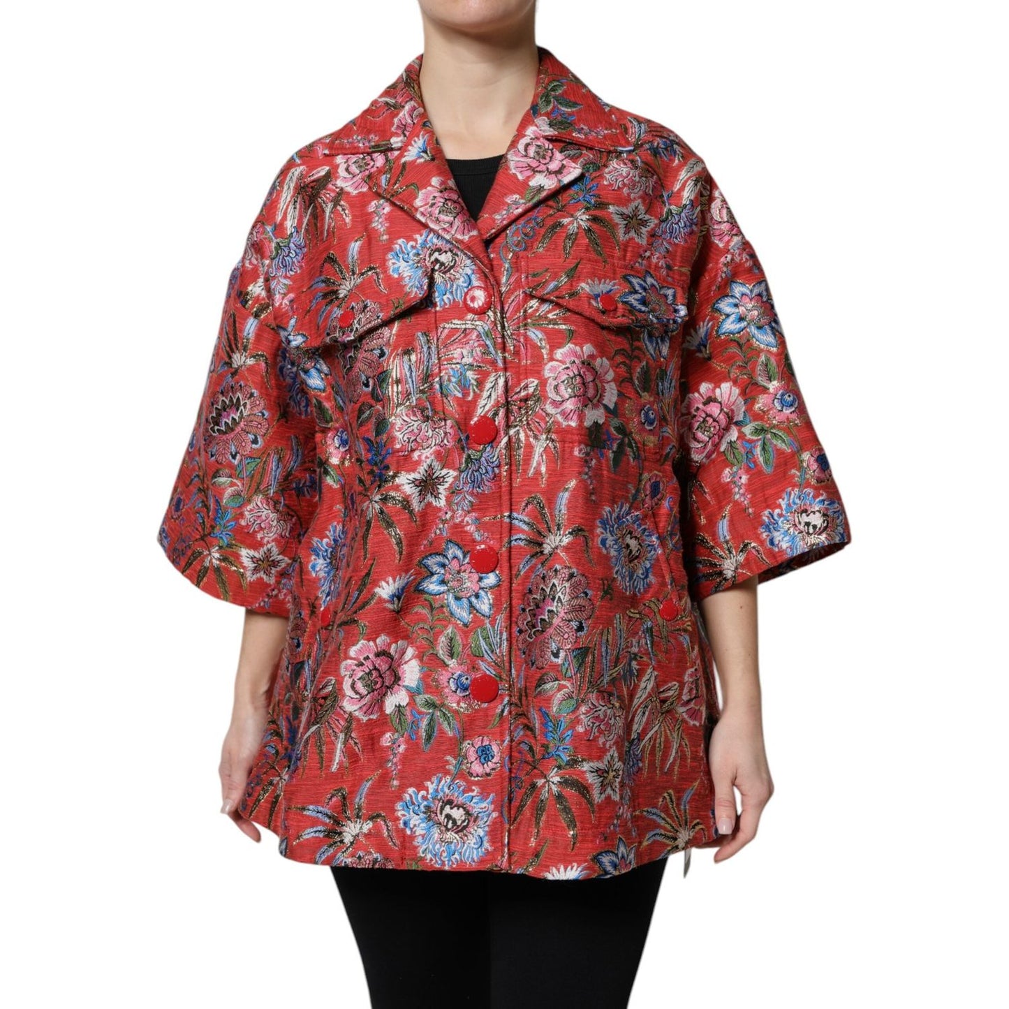 Dolce & Gabbana red floral jacquard 3/4 sleeves button down coat jacket made of polyester, cotton, nylon, silk; luxury Italian fashion.
