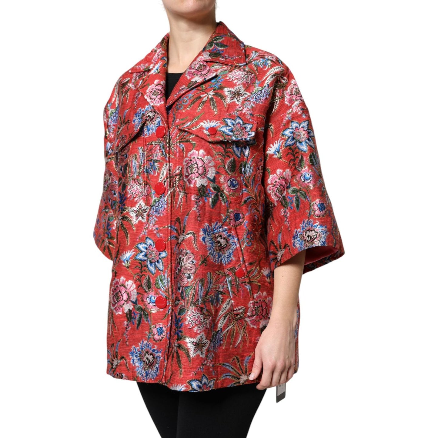 Dolce & Gabbana red floral jacquard button down coat jacket with 3/4 sleeves, showcasing luxury craftsmanship and exclusive design.