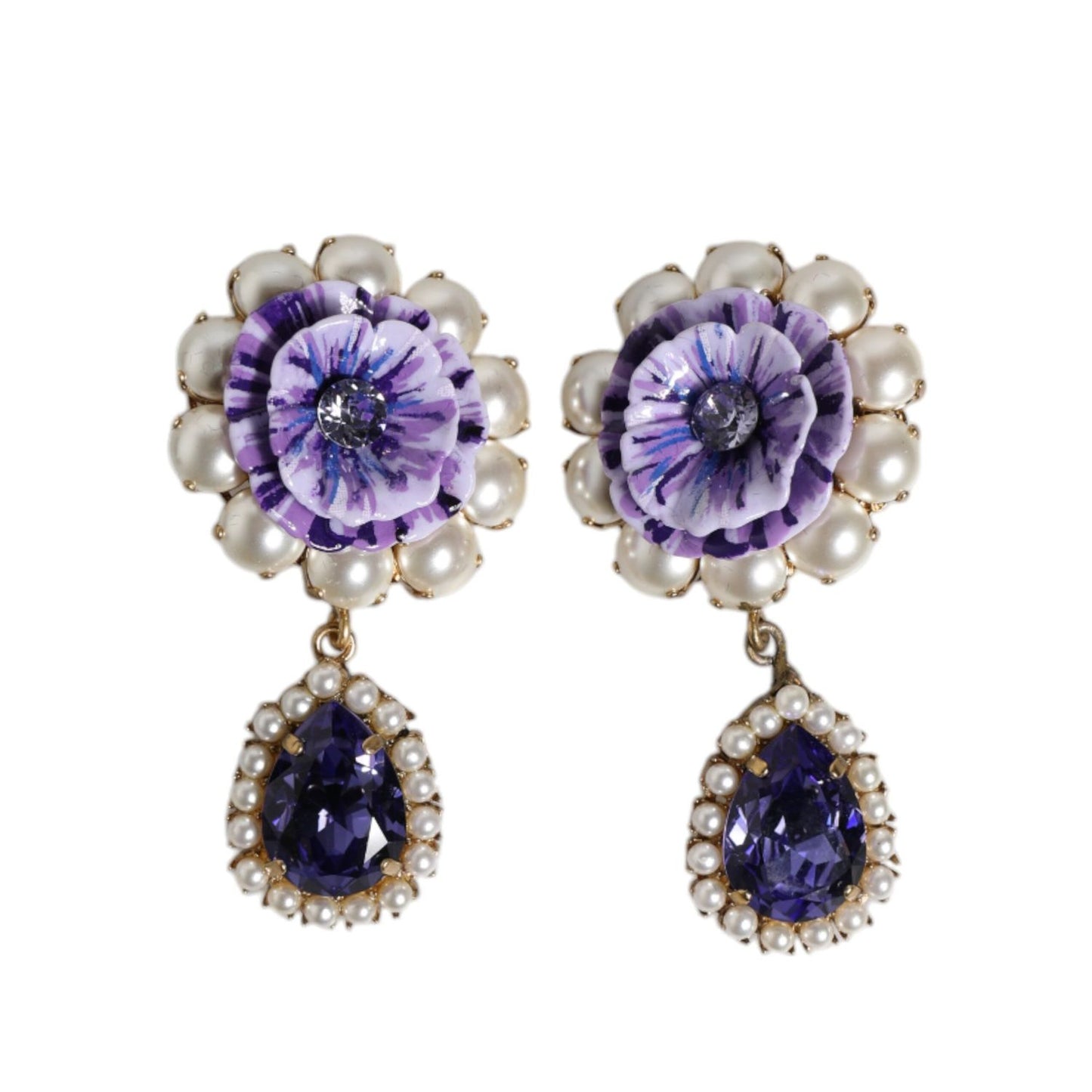 Dolce & Gabbana Purple Flower Pearl Teardrop Crystals Clip On Earrings SMY10471