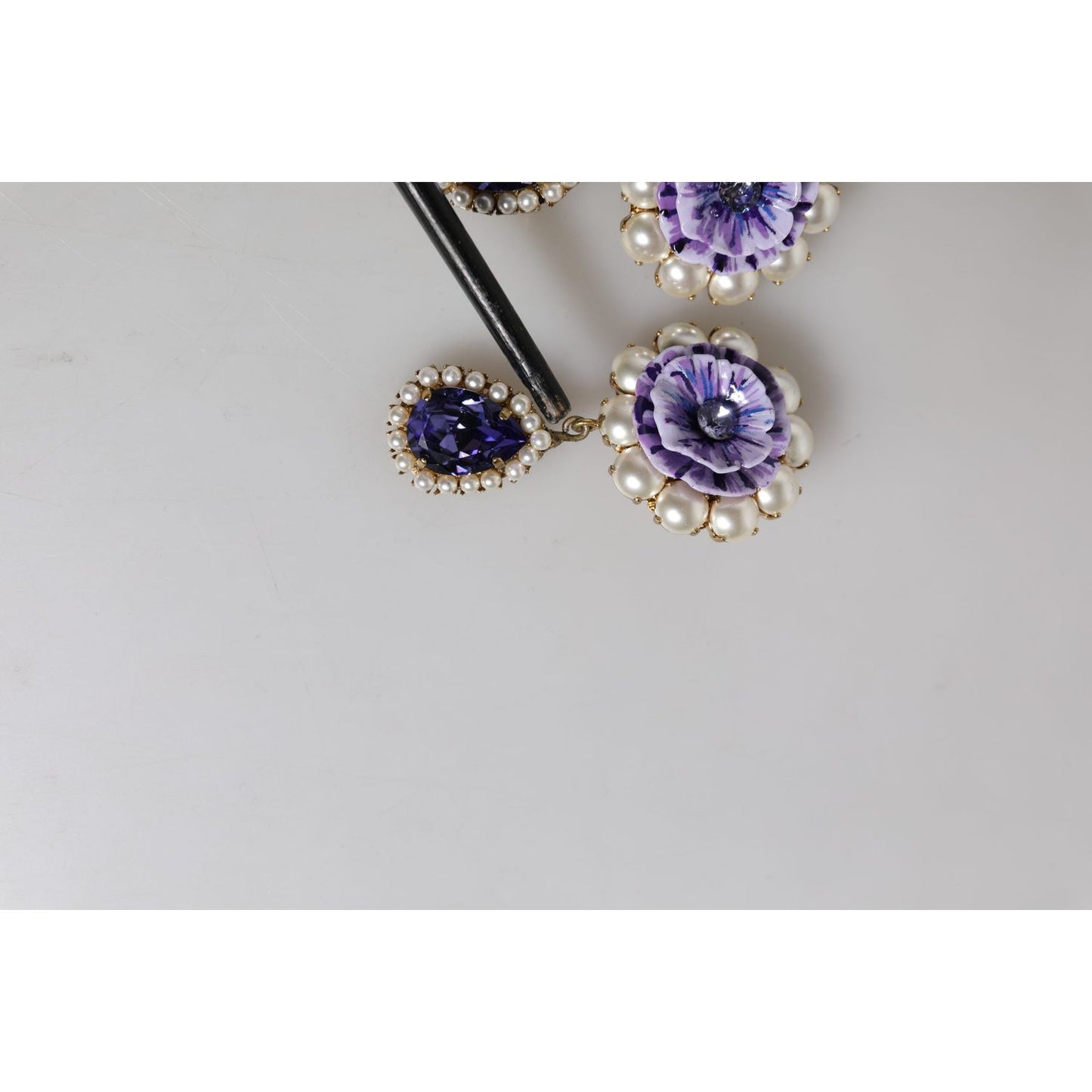 Dolce & Gabbana Purple Flower Pearl Teardrop Crystals Clip On Earrings SMY10471