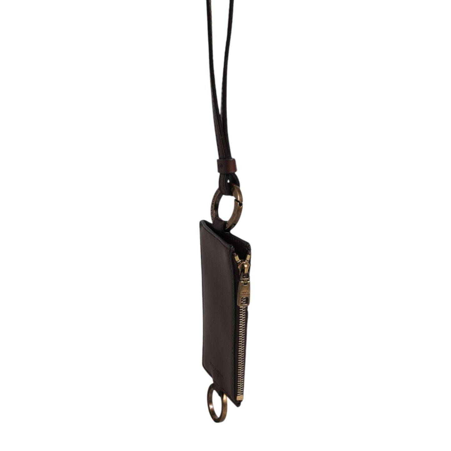 Dolce & Gabbana Brown Calf Leather Lanyard Logo Card Holder Wallet BAG4300