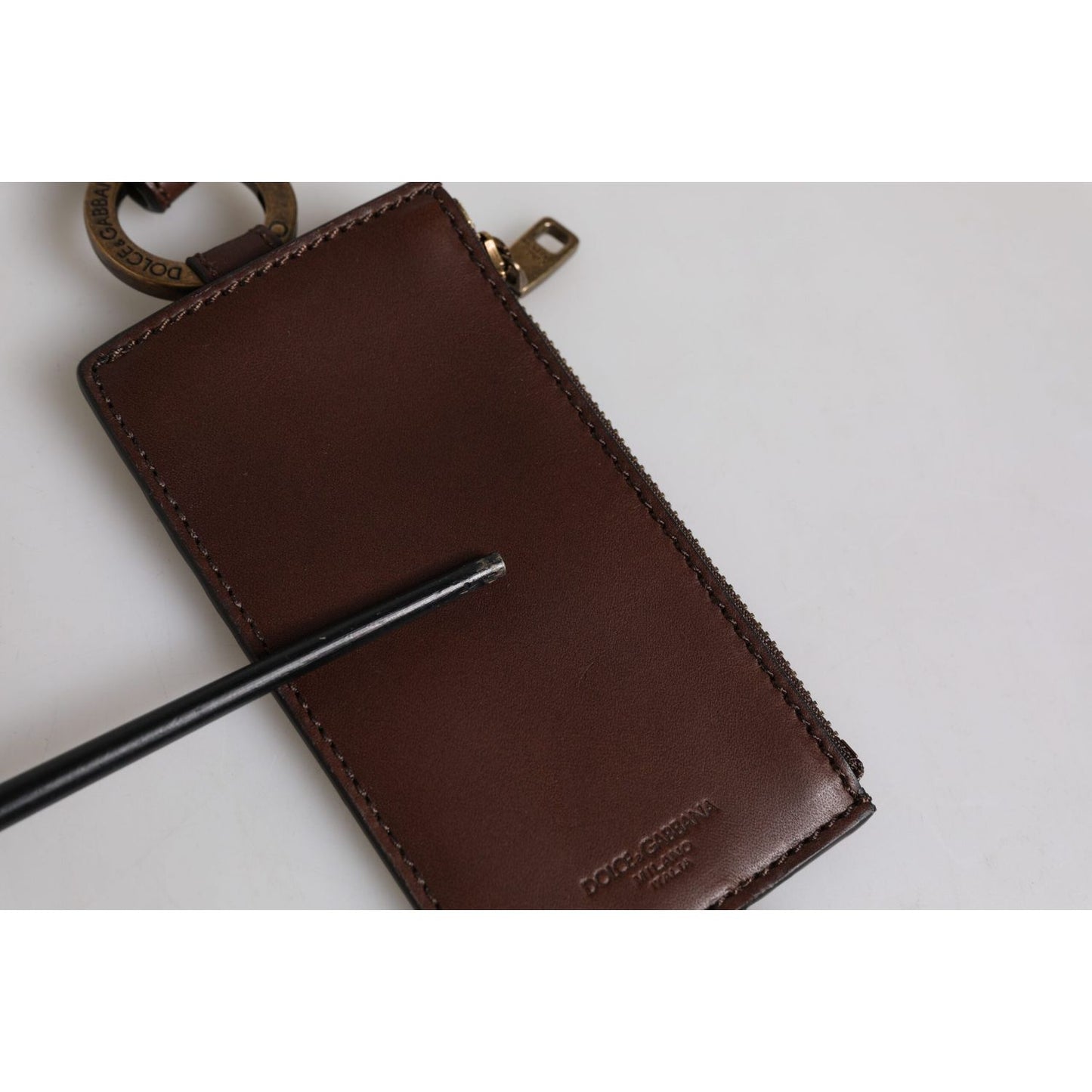 Dolce & Gabbana Brown Calf Leather Lanyard Logo Card Holder Wallet BAG4300