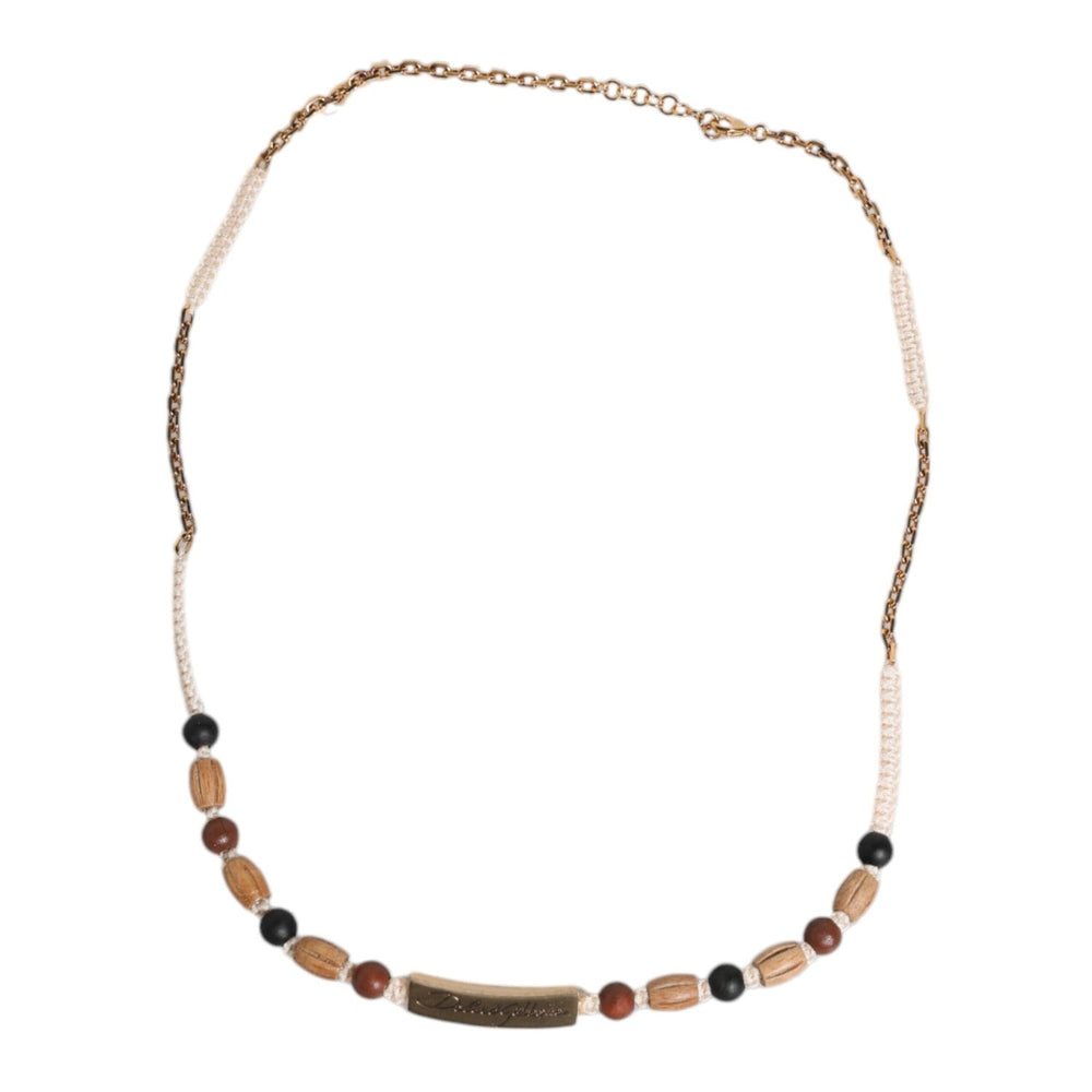 Dolce & Gabbana Black Gold Wooden Beaded Logo Pendant Necklace SMY10687