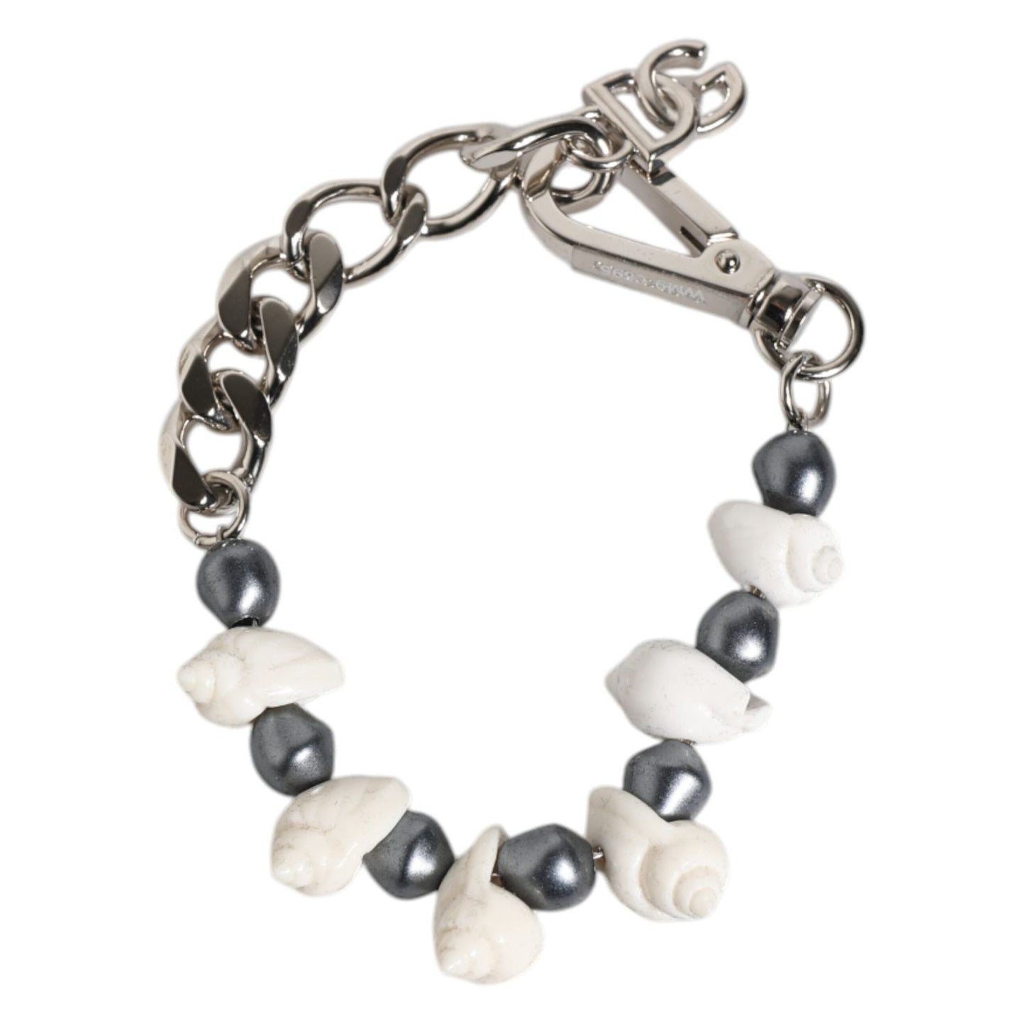 Dolce & Gabbana Silver Tone Brass Beaded Shell DG Logo Pendant Bracelet SMY10688