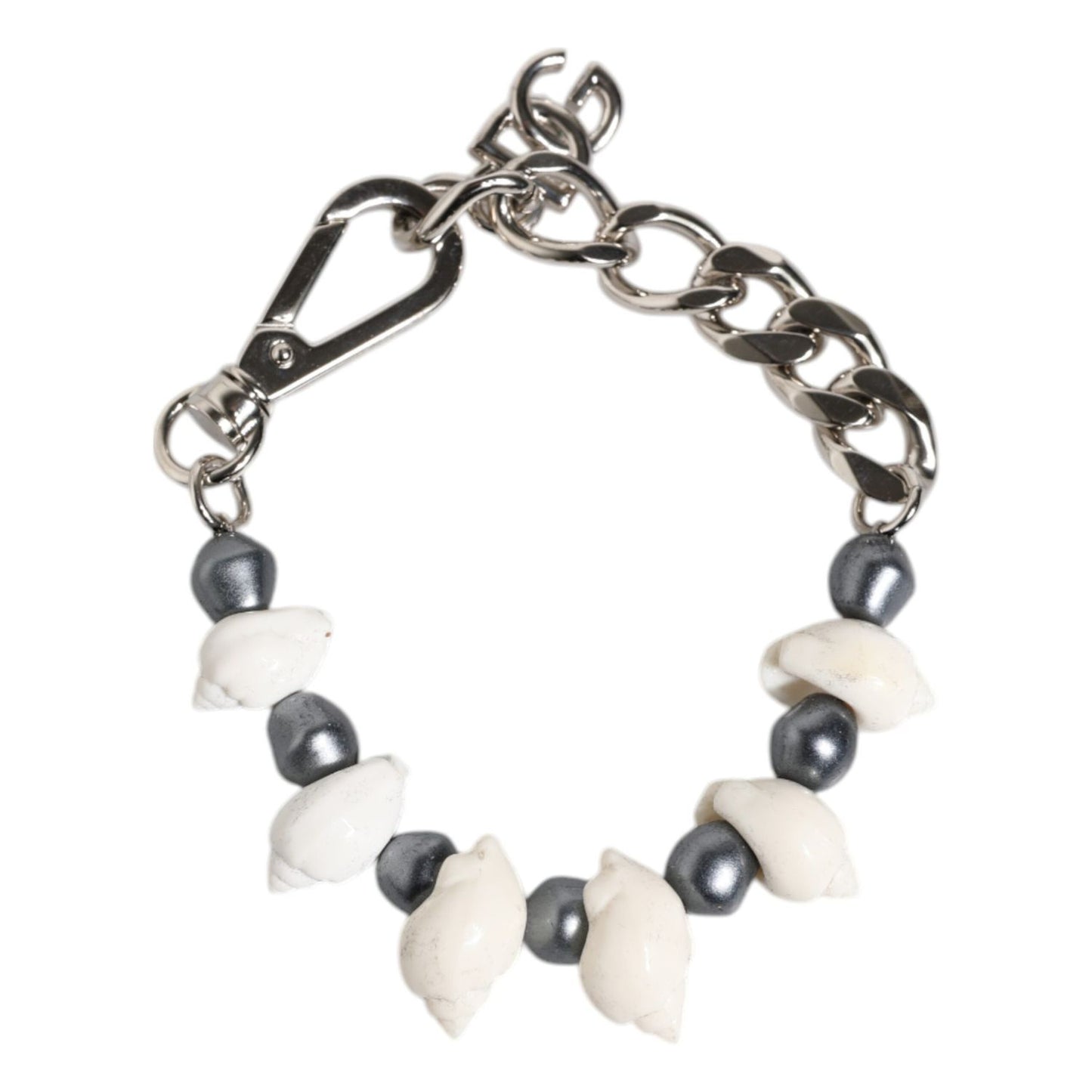 Dolce & Gabbana Silver Tone Brass Beaded Shell DG Logo Pendant Bracelet SMY10688