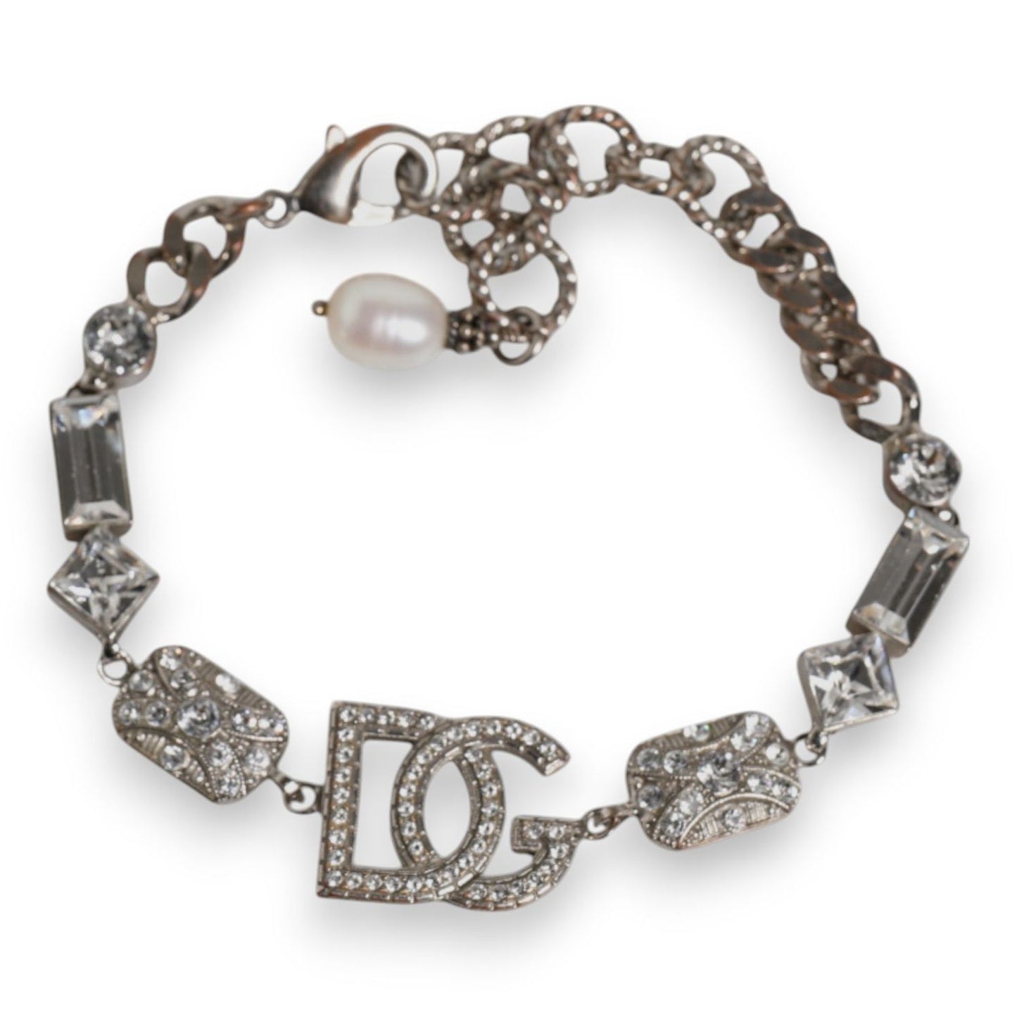 Dolce & Gabbana Silver Brass Crystal DG Logo Charm Embellished Bracelet SMY10572