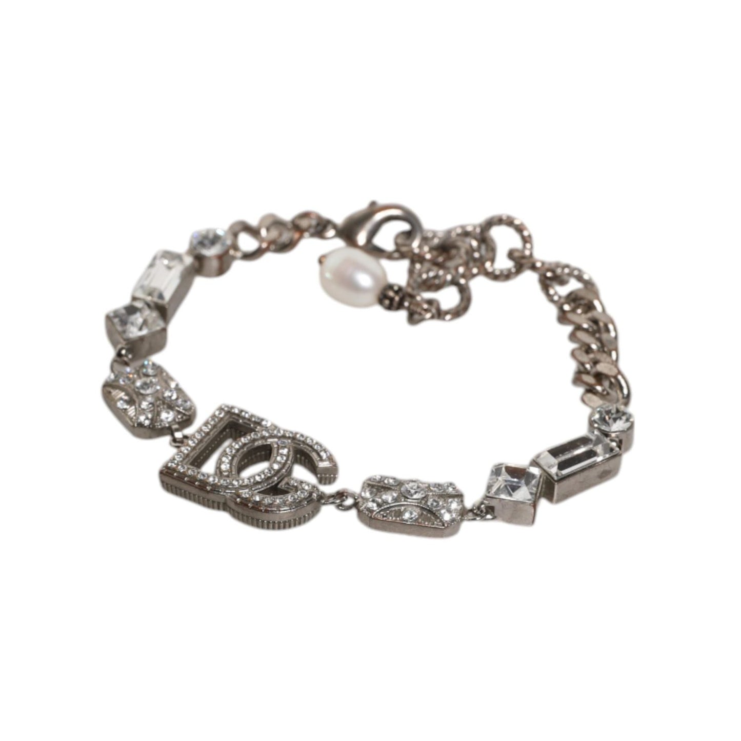 Dolce & Gabbana Silver Brass Crystal DG Logo Charm Embellished Bracelet SMY10572