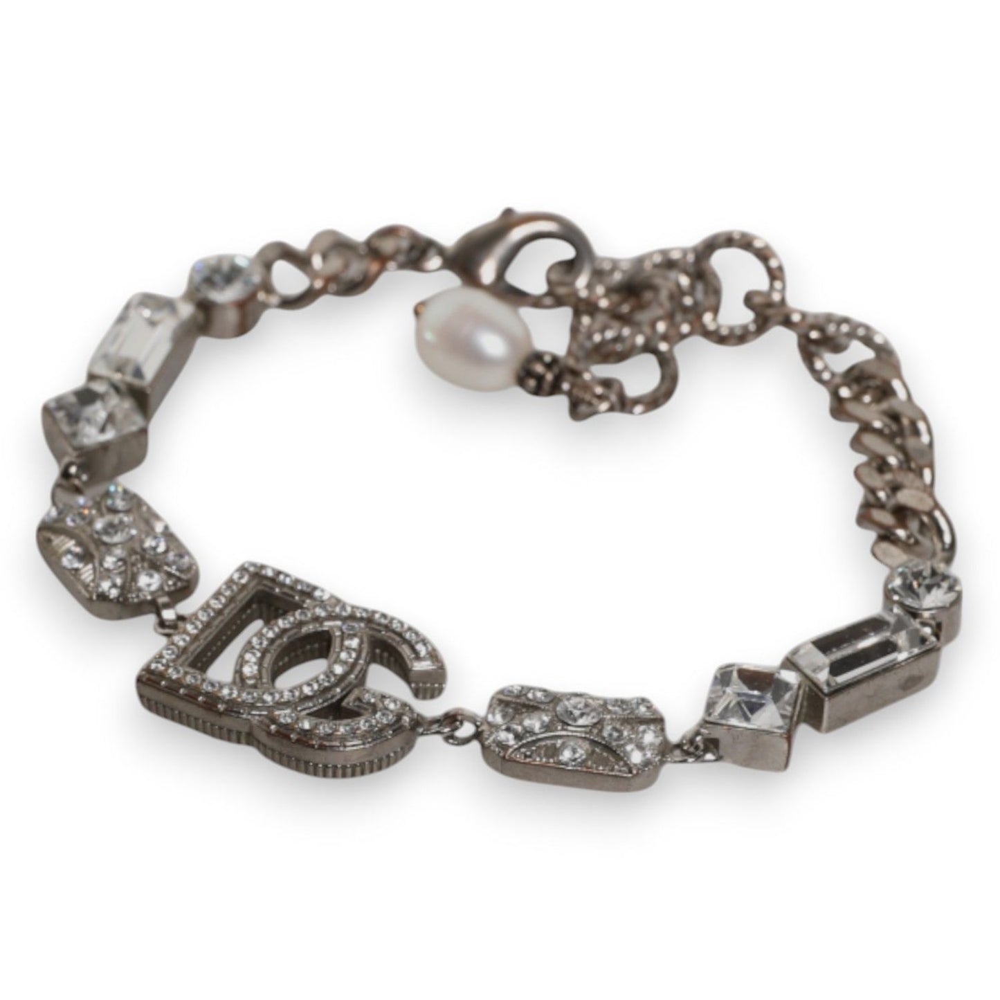 Dolce & Gabbana Silver Brass Crystal DG Logo Charm Embellished Bracelet SMY10572