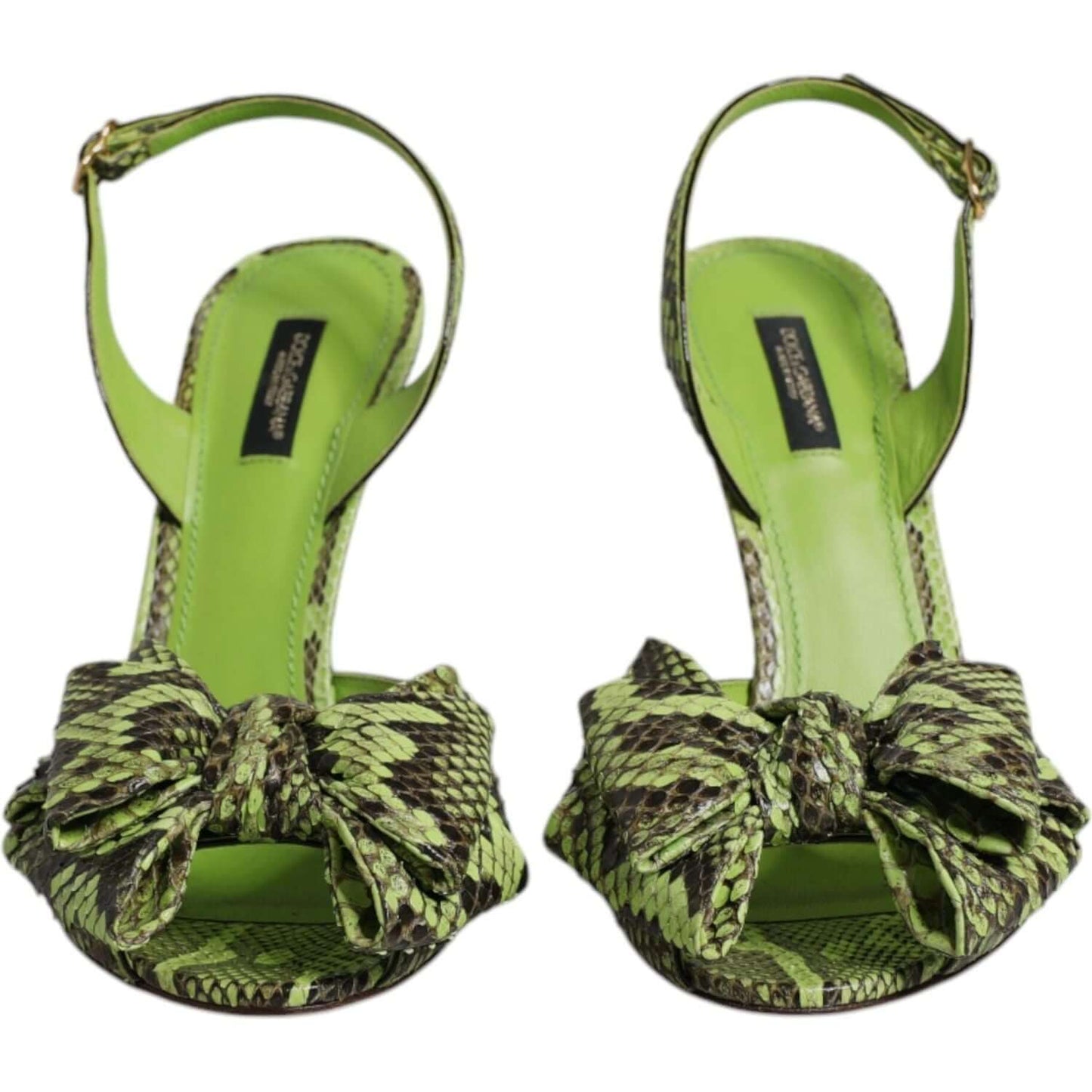 Dolce & Gabbana green python leather high heel sandals with animal print, bow detail, buckle closure, and leather sole.
